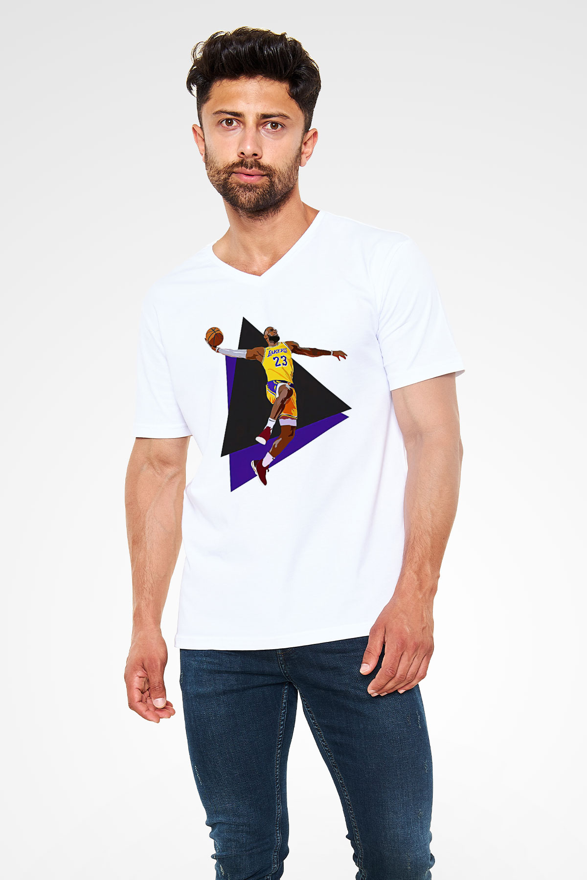 Lebron James Baskılı Beyaz Unisex V Yaka Tişört - Tshirt
