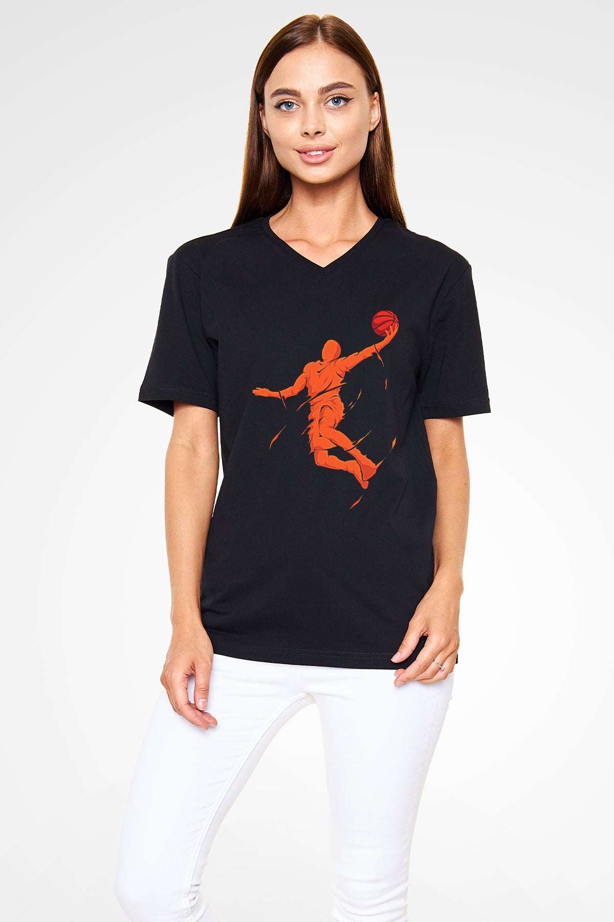 Lebron James Baskılı Unisex Siyah V Yaka Tişört - Tshirt