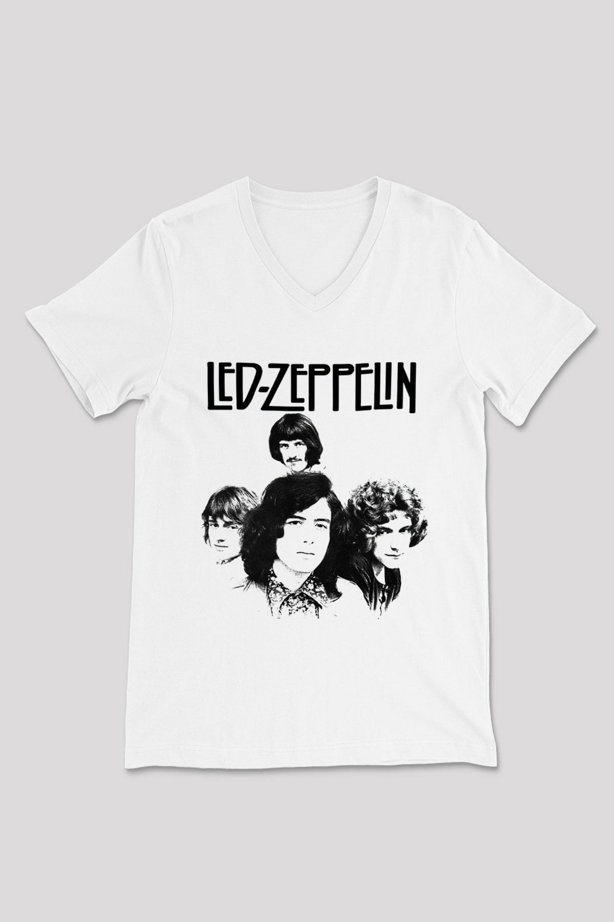 Led Zeppelin Beyaz Unisex V Yaka Tişört T-Shirt