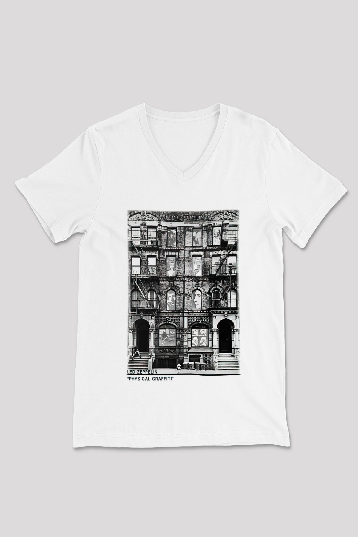 Led Zeppelin Beyaz Unisex V Yaka Tişört T-Shirt