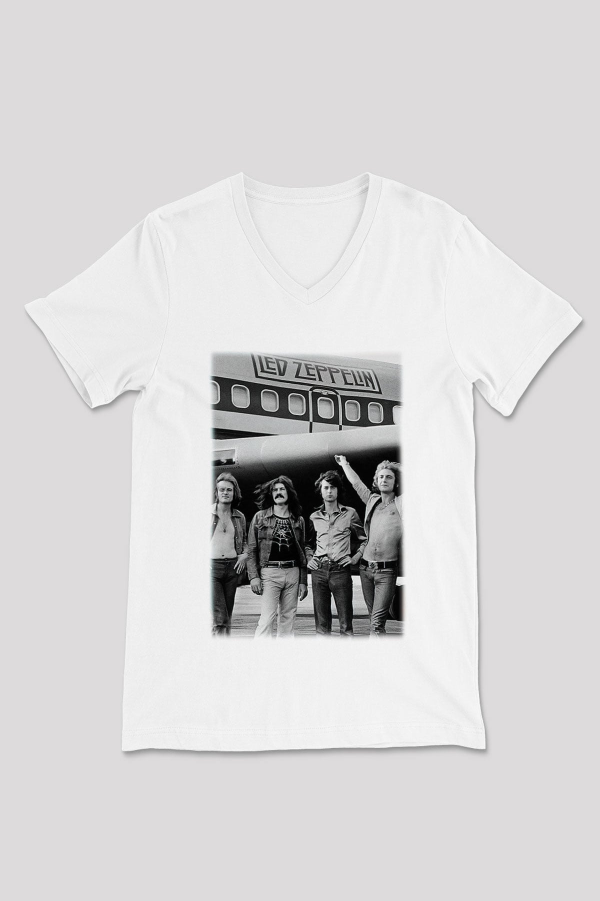 Led Zeppelin Beyaz Unisex V Yaka Tişört T-Shirt
