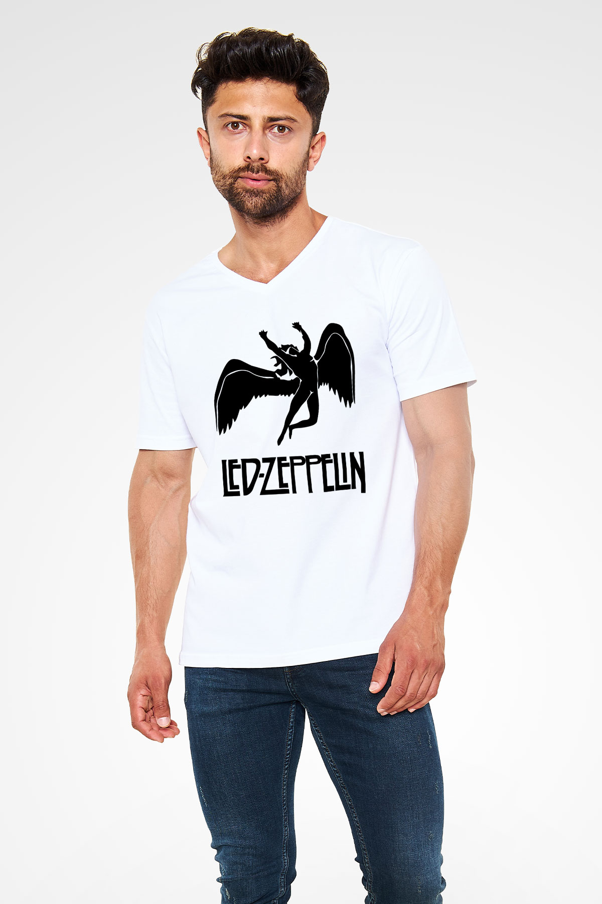 Led Zeppelin Beyaz Unisex V Yaka Tişört T-Shirt