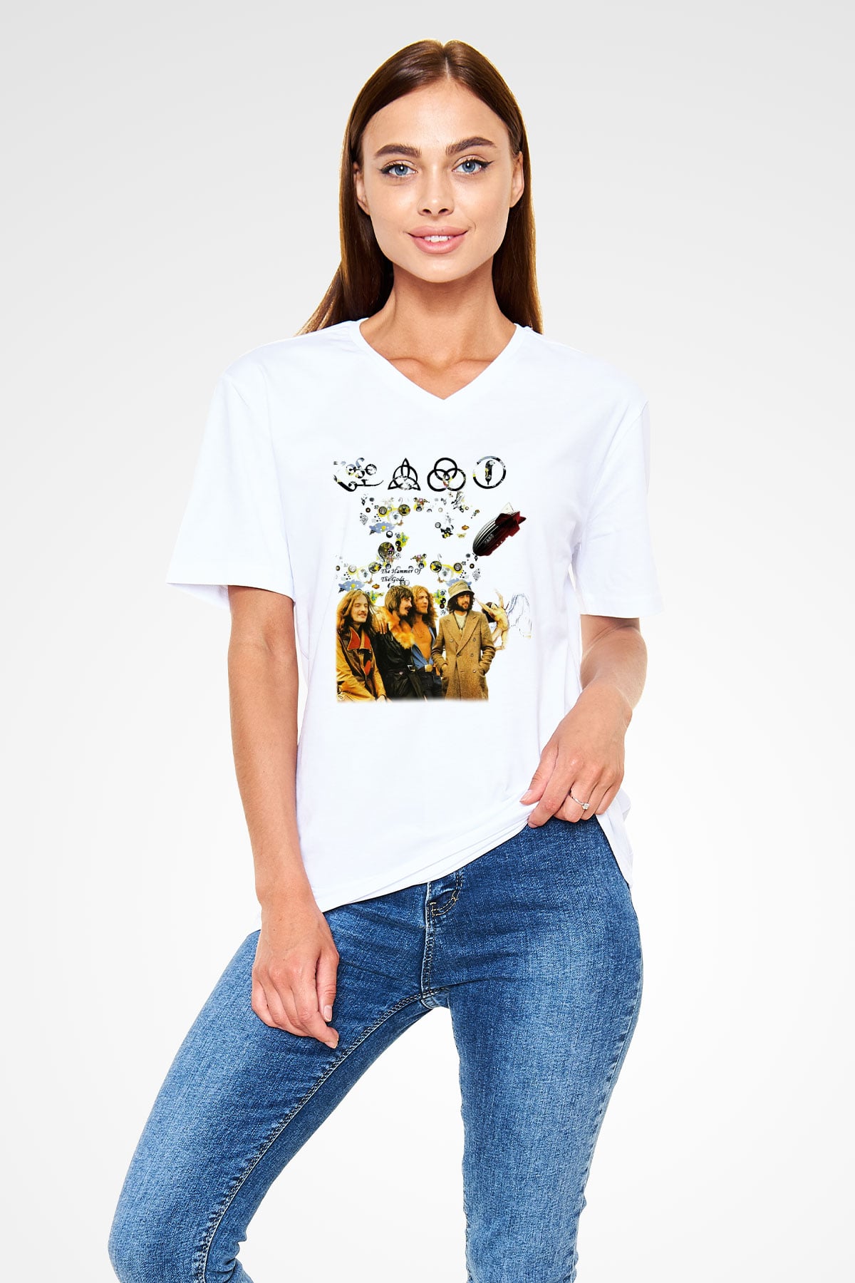Led Zeppelin Beyaz Unisex V Yaka Tişört T-Shirt