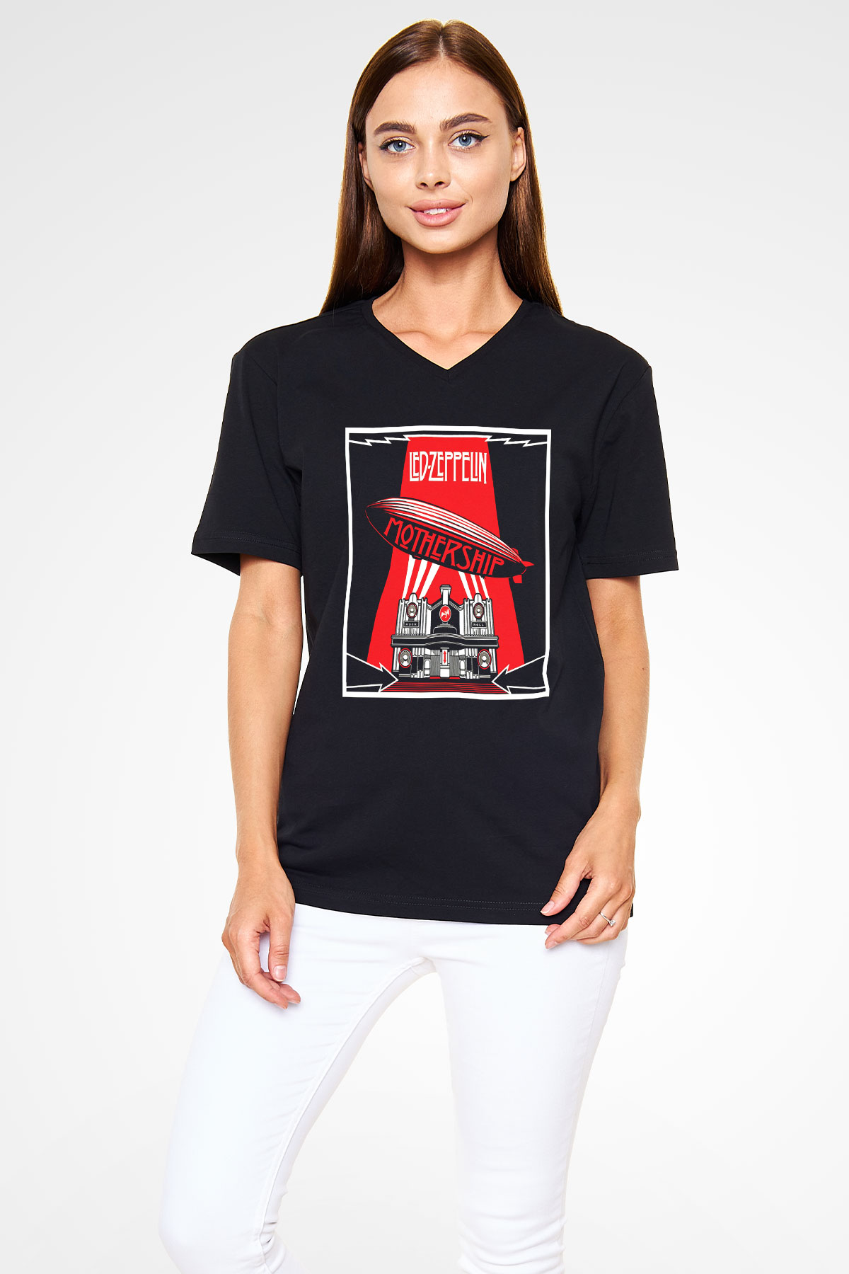Led Zeppelin Mothership Siyah Unisex V Yaka Tişört T-Shirt