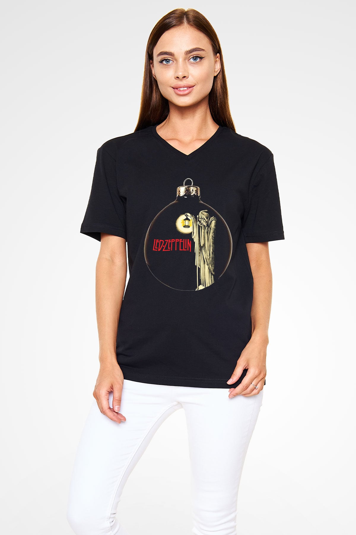 Led Zeppelin Siyah Unisex V Yaka Tişört T-Shirt