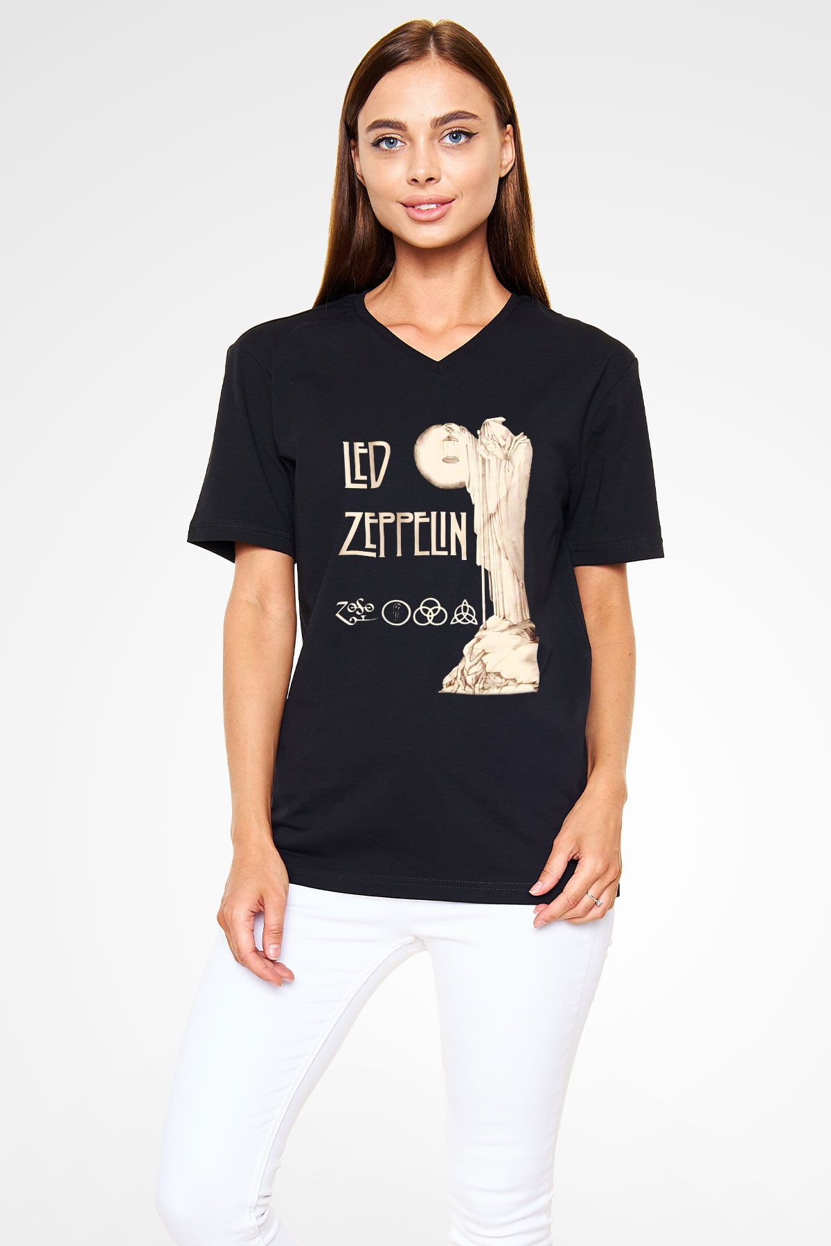 Led Zeppelin Siyah Unisex V Yaka Tişört T-Shirt