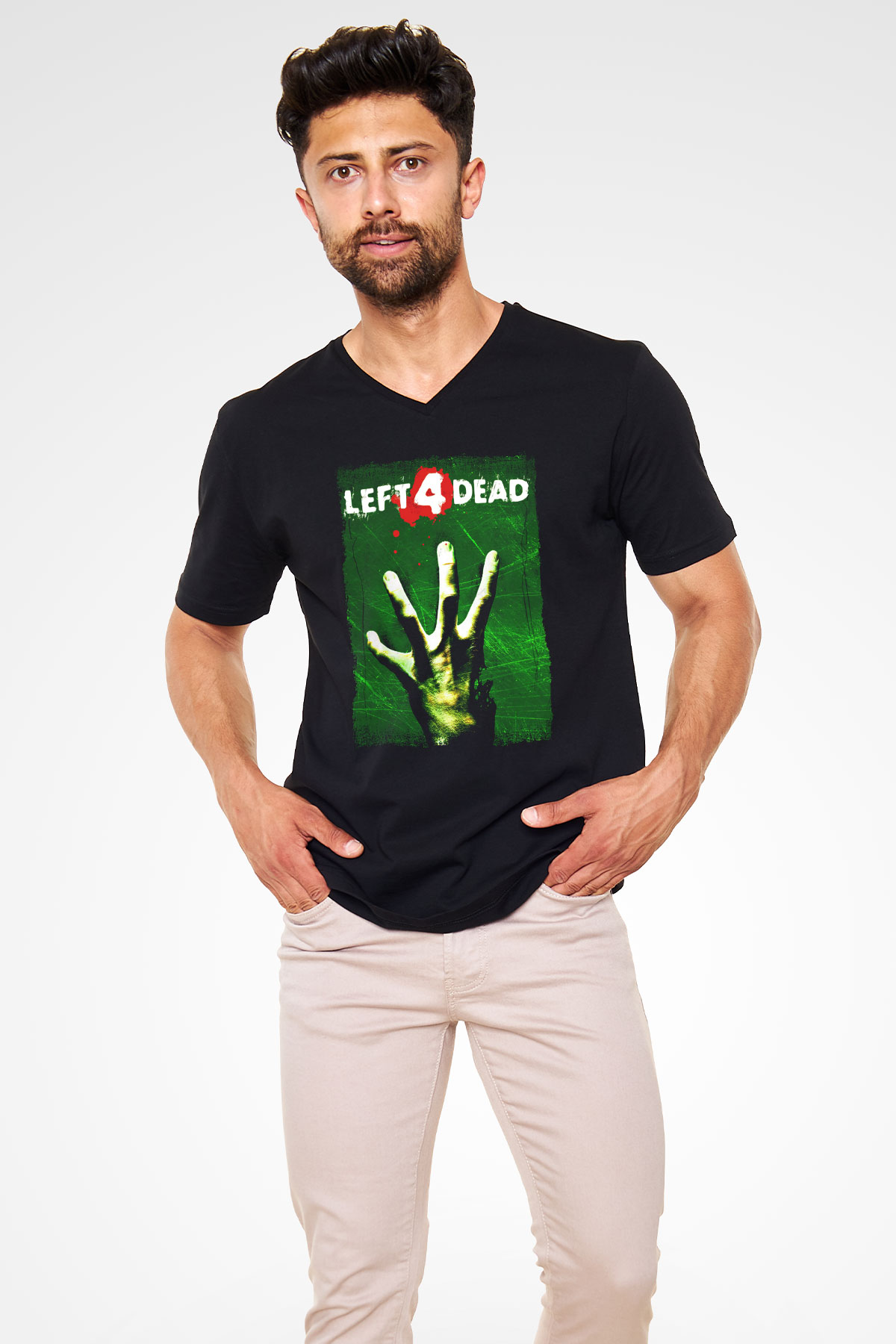 Left 4 Dead Siyah Unisex V Yaka Tişört