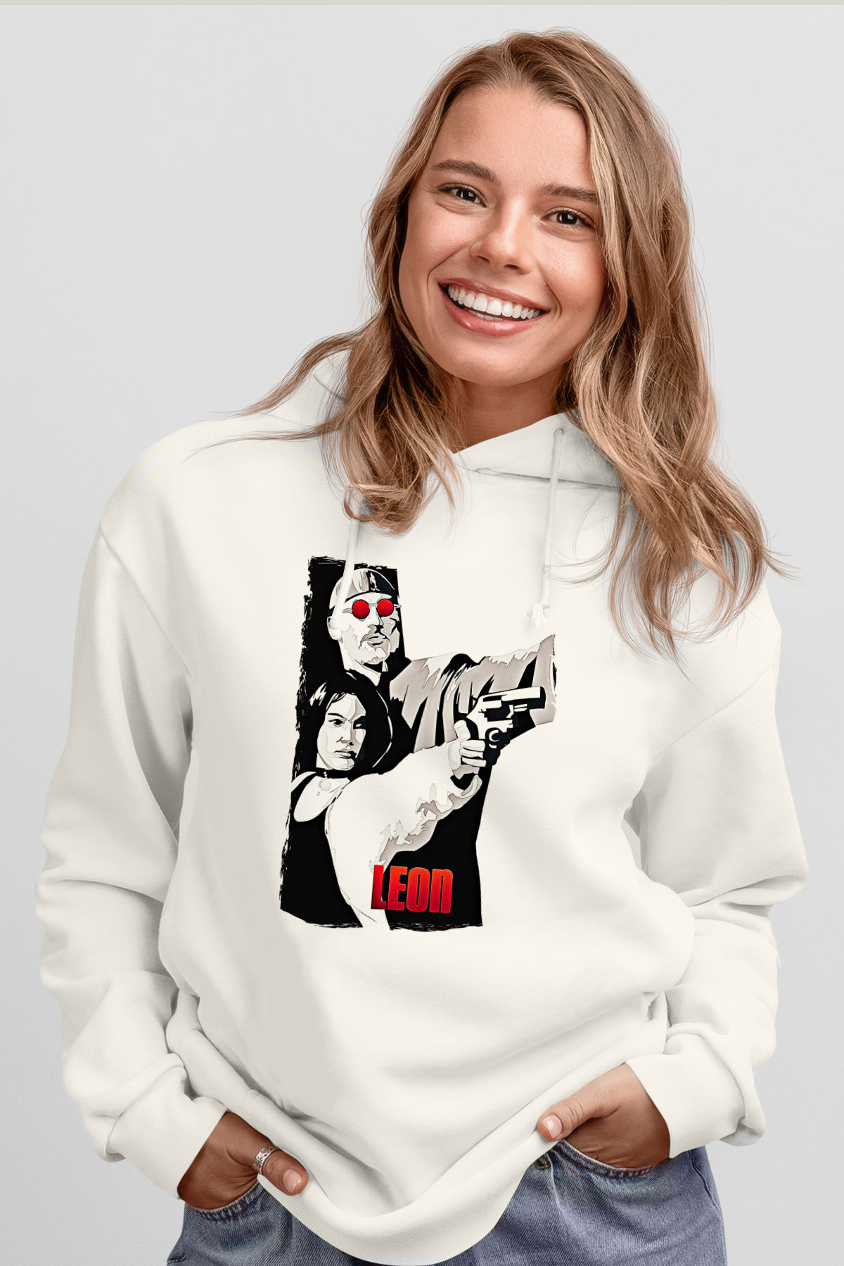 Leon Baskılı Beyaz Unisex Hoodie
