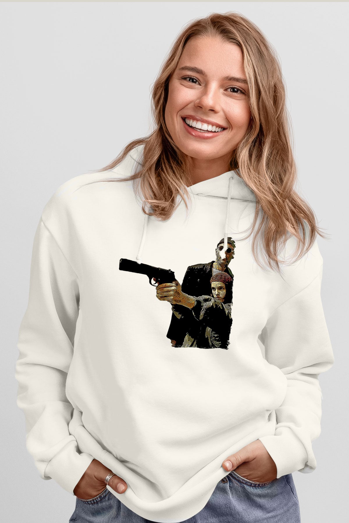Leon Baskılı Beyaz Unisex Hoodie