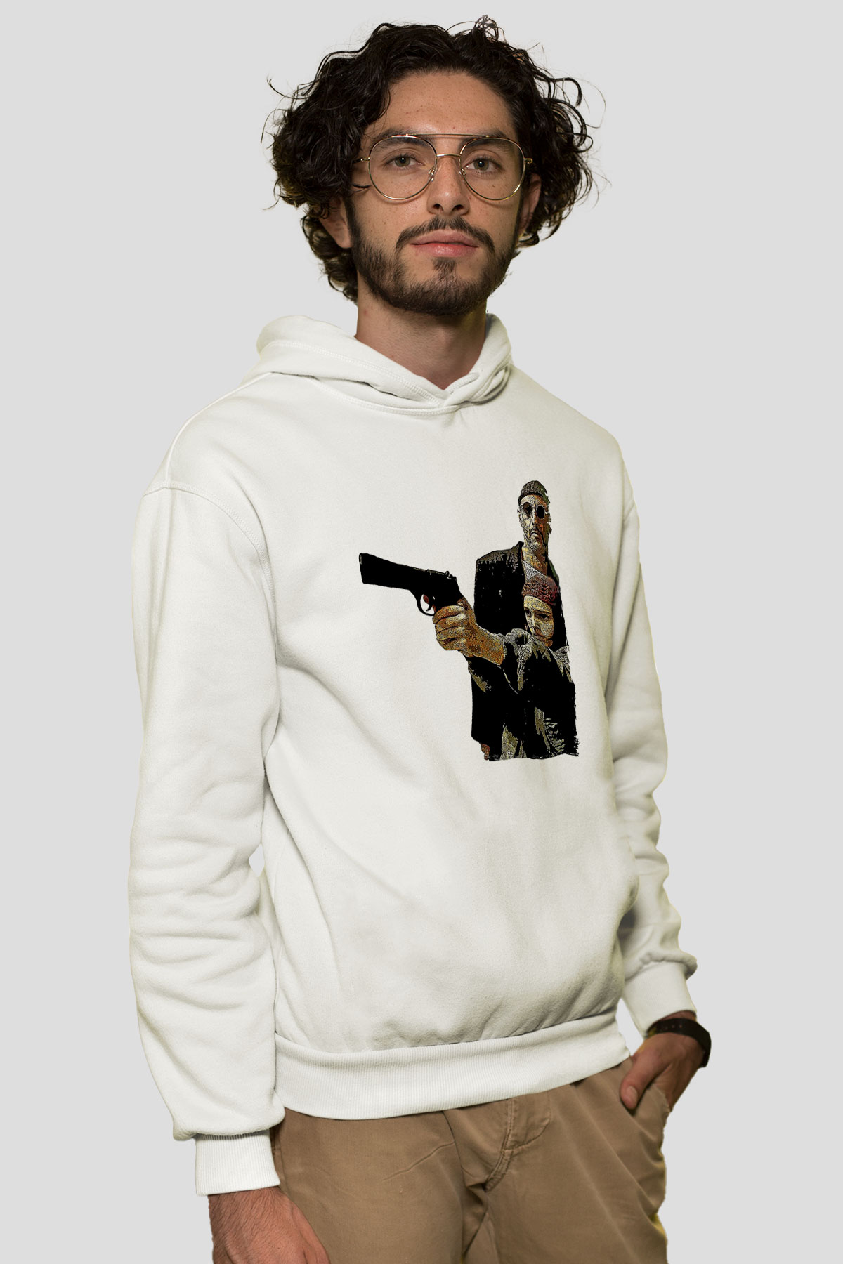 Leon Baskılı Beyaz Unisex Hoodie