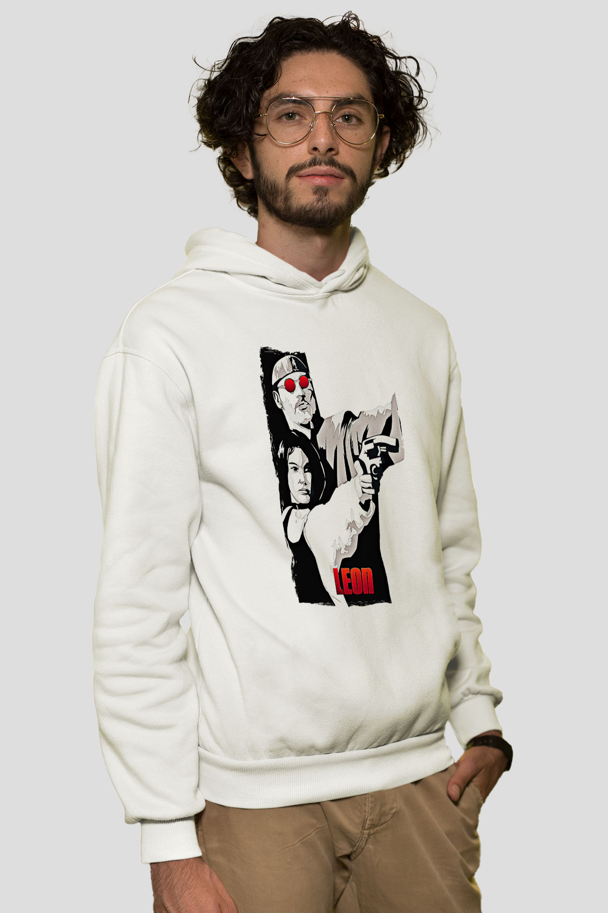Leon Baskılı Beyaz Unisex Hoodie