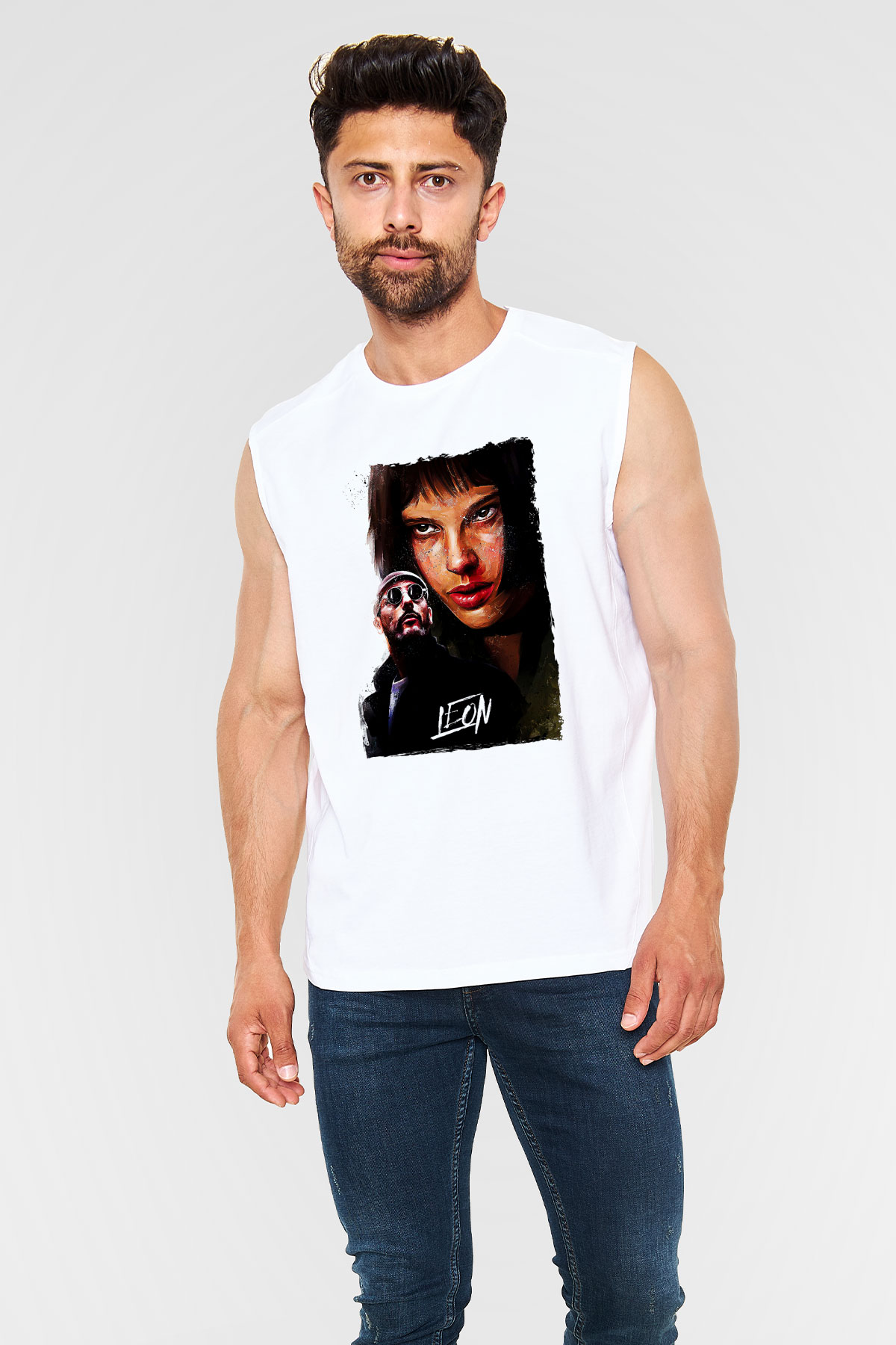 Leon Baskılı Beyaz Unisex Kolsuz Tişört - Tshirt
