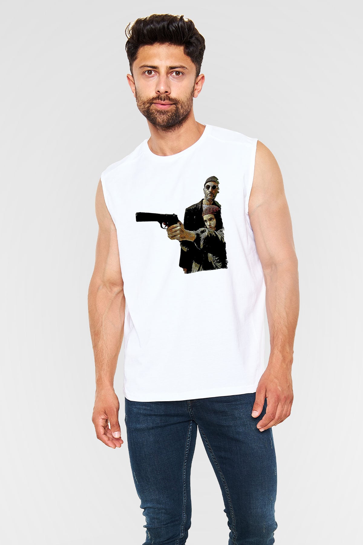 Leon Baskılı Beyaz Unisex Kolsuz Tişört - Tshirt