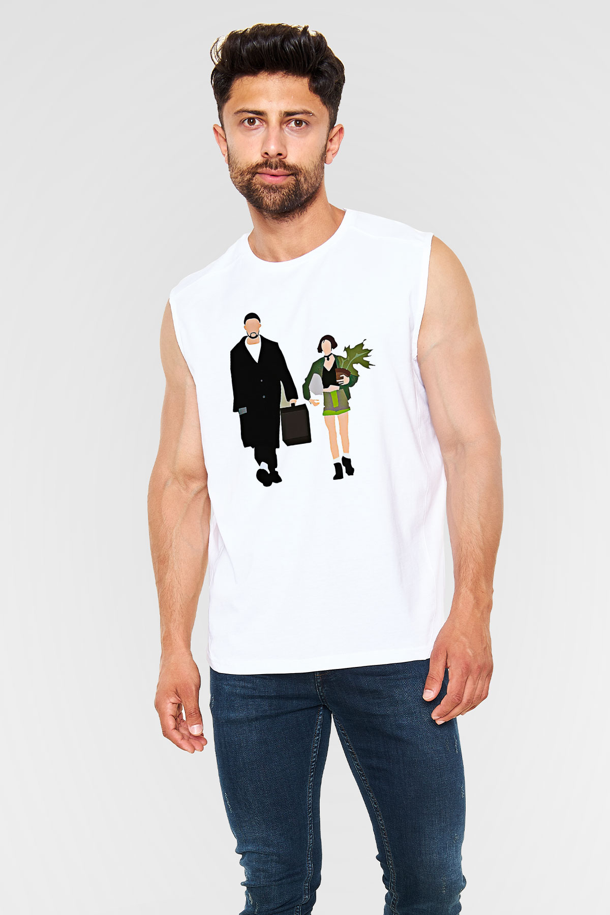 Leon Baskılı Beyaz Unisex Kolsuz Tişört - Tshirt