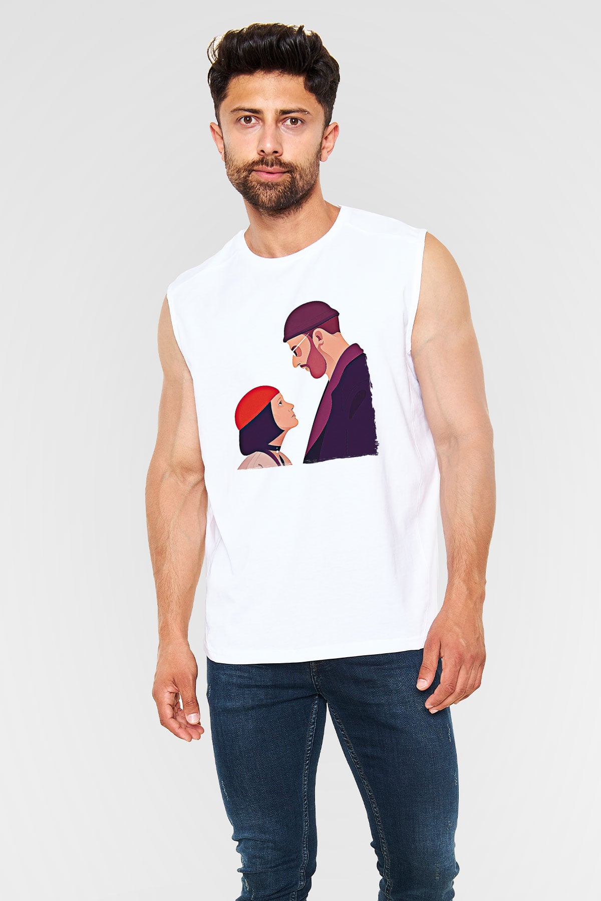 Leon Baskılı Beyaz Unisex Kolsuz Tişört - Tshirt