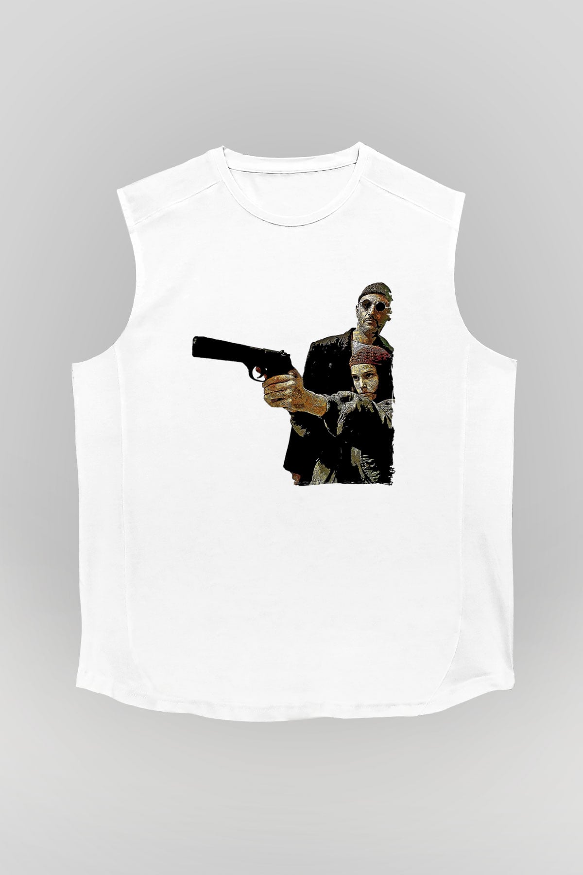Leon Baskılı Beyaz Unisex Kolsuz Tişört - Tshirt