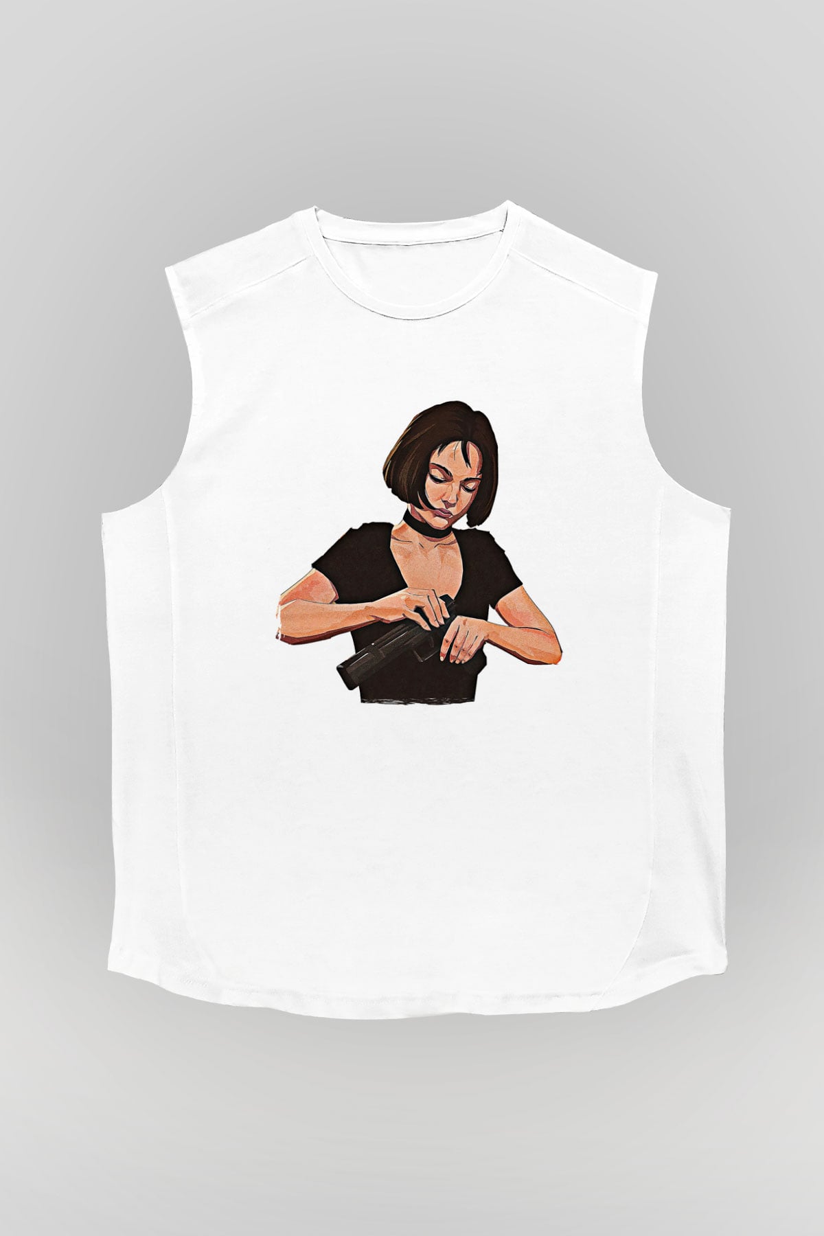 Leon Baskılı Beyaz Unisex Kolsuz Tişört - Tshirt