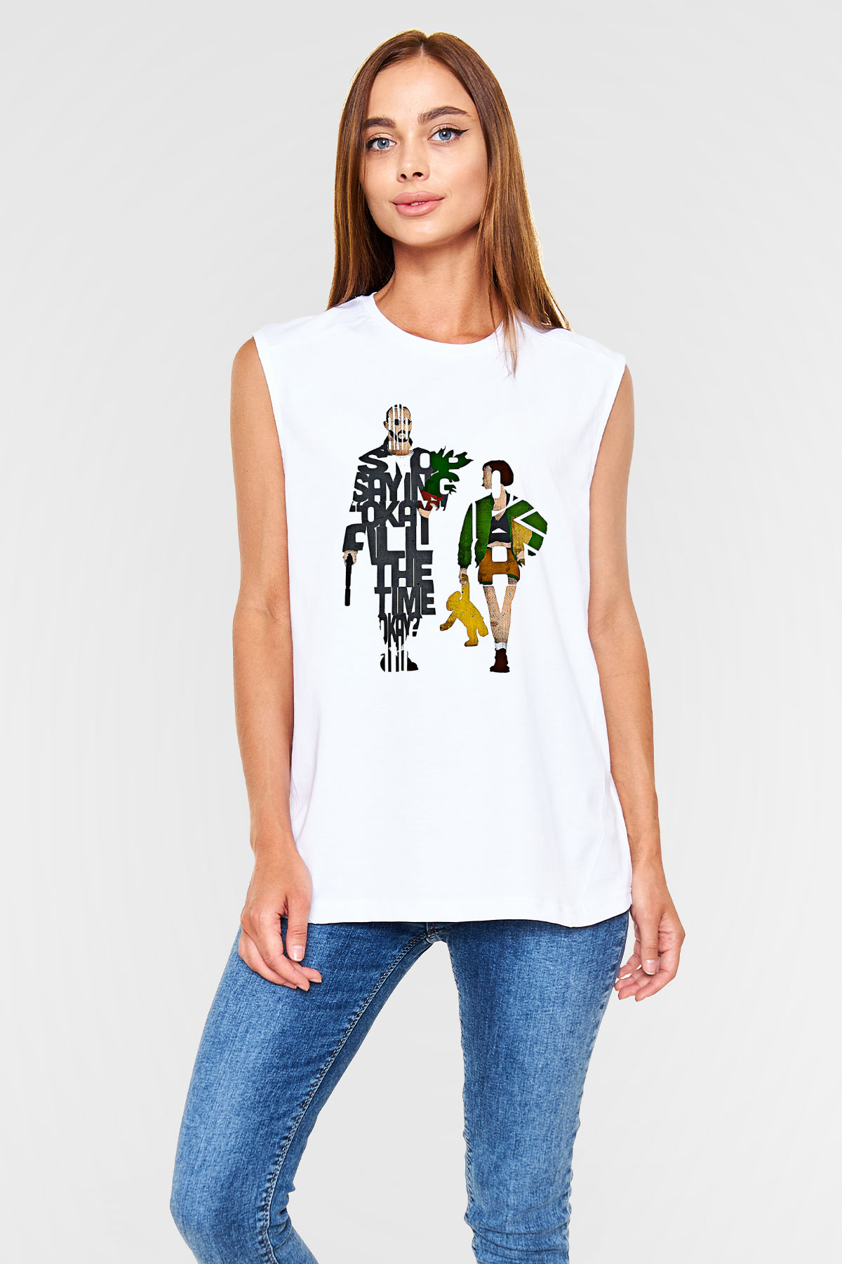 Leon Baskılı Beyaz Unisex Kolsuz Tişört - Tshirt