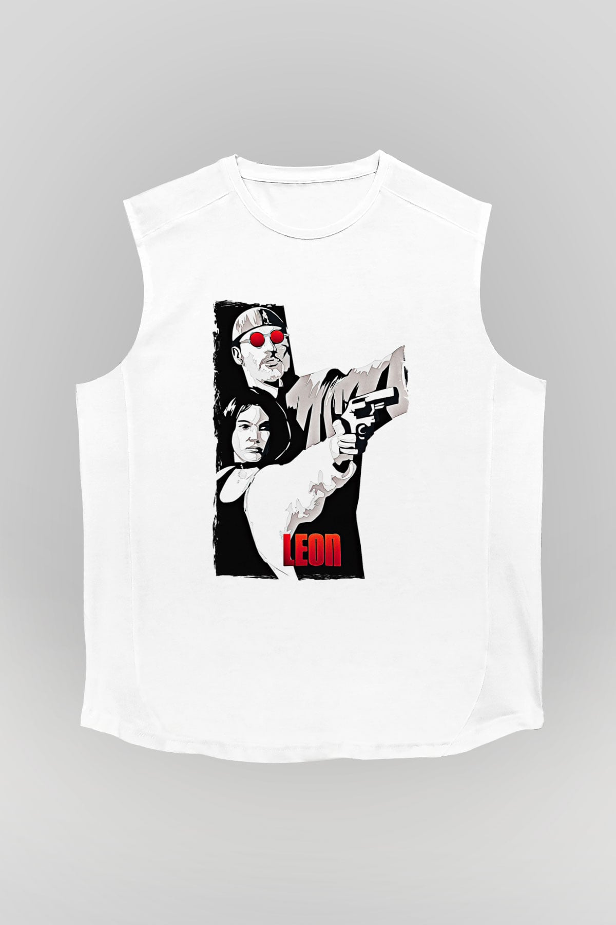 Leon Baskılı Beyaz Unisex Kolsuz Tişört - Tshirt