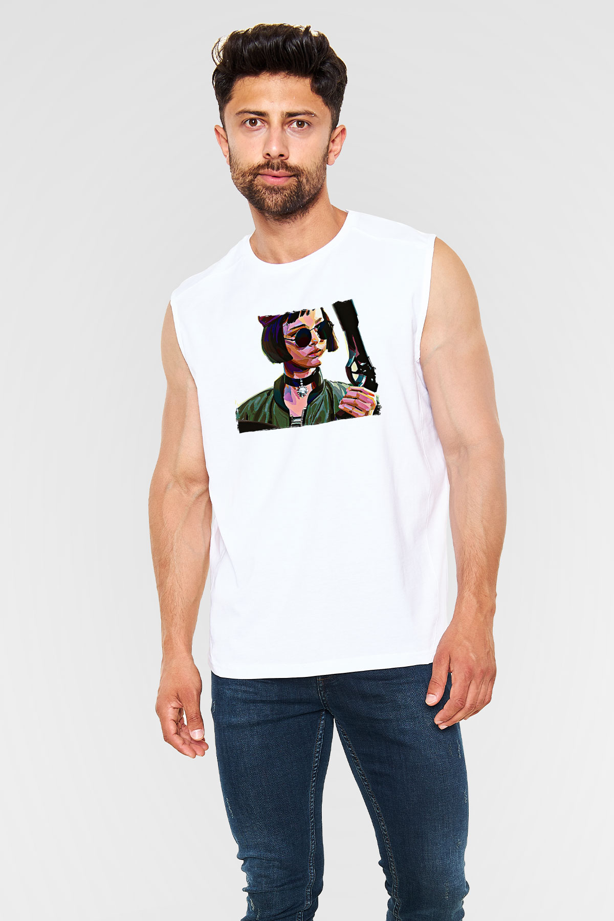 Leon Baskılı Beyaz Unisex Kolsuz Tişört - Tshirt