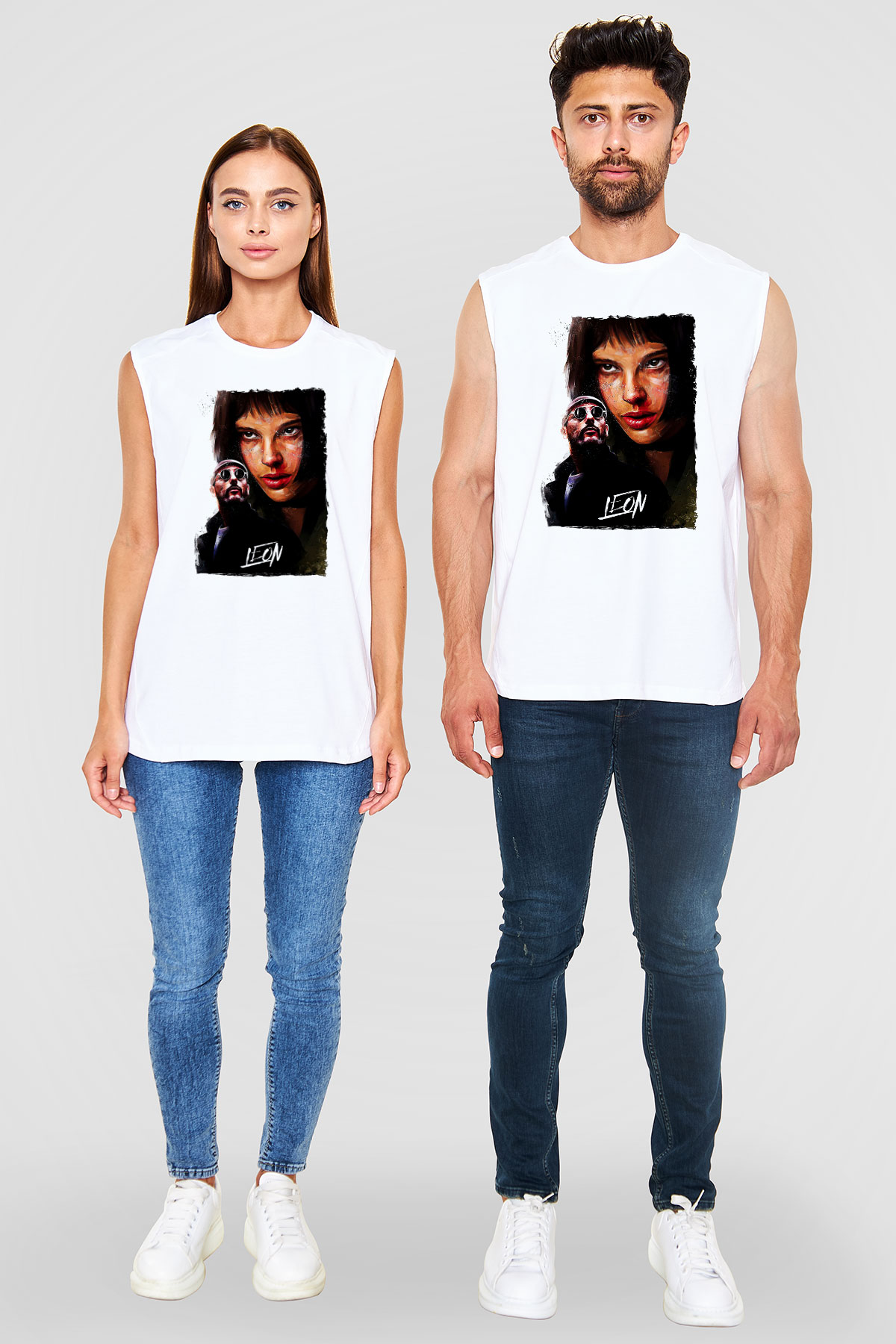 Leon Baskılı Beyaz Unisex Kolsuz Tişört - Tshirt