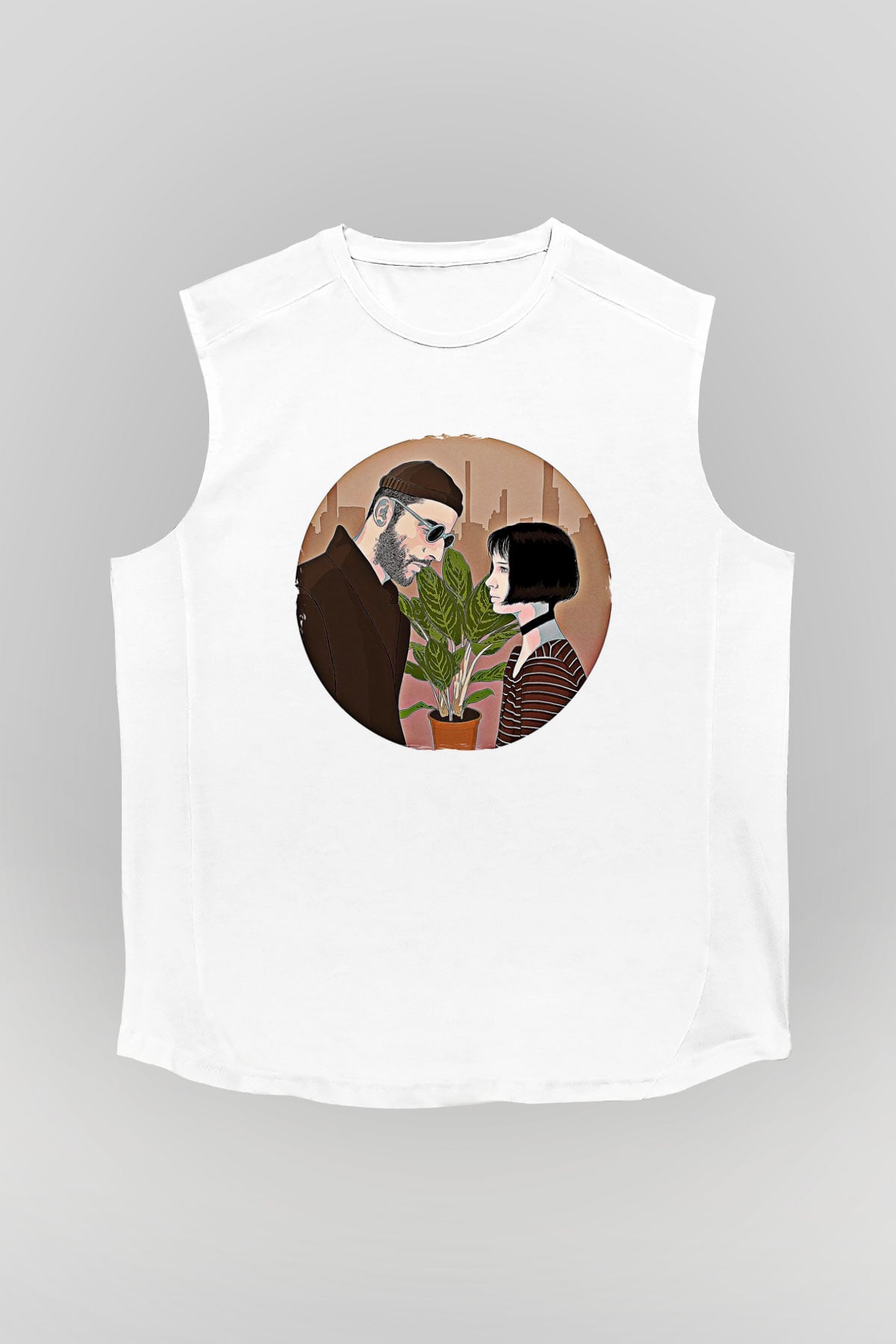 Leon Baskılı Beyaz Unisex Kolsuz Tişört - Tshirt