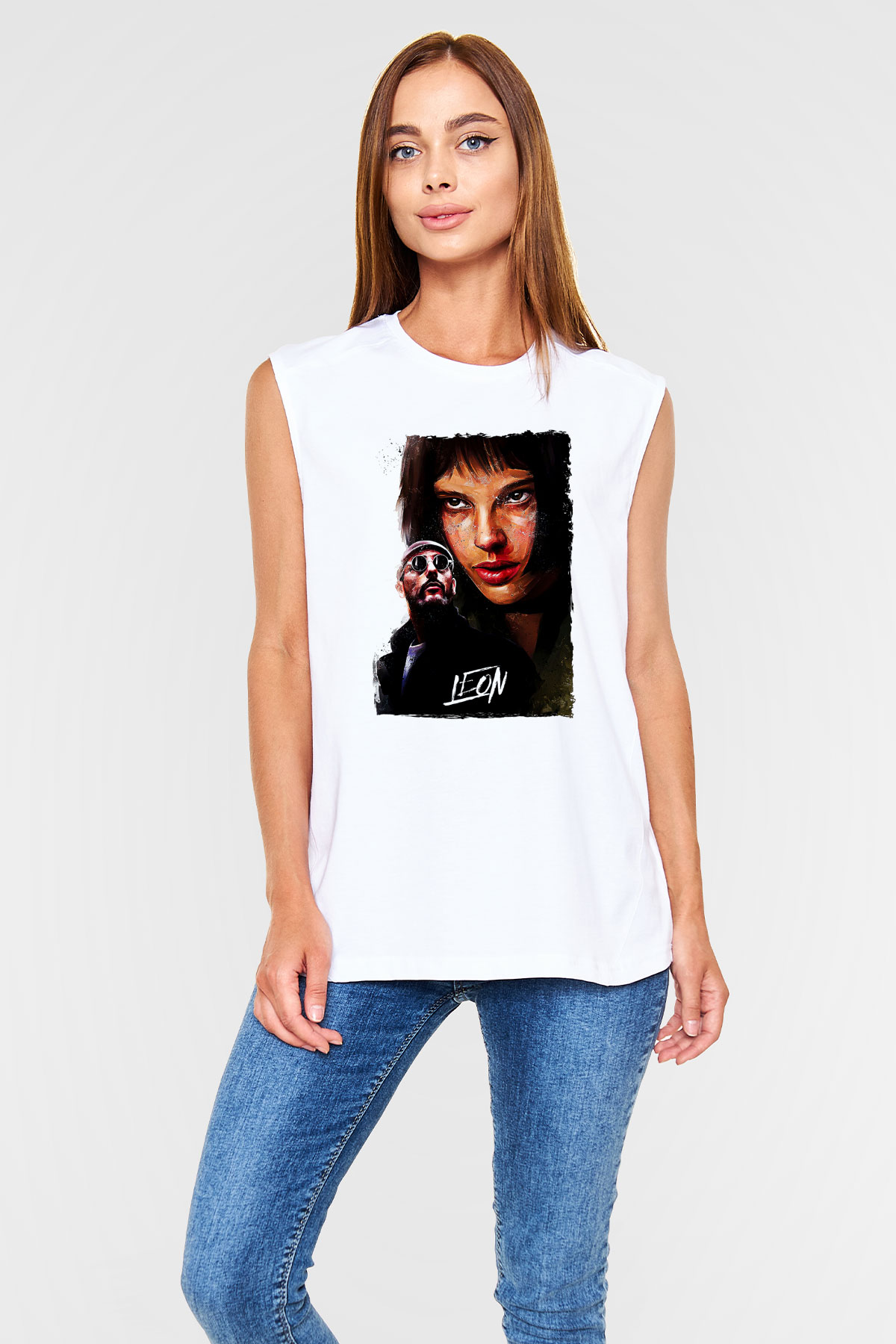 Leon Baskılı Beyaz Unisex Kolsuz Tişört - Tshirt