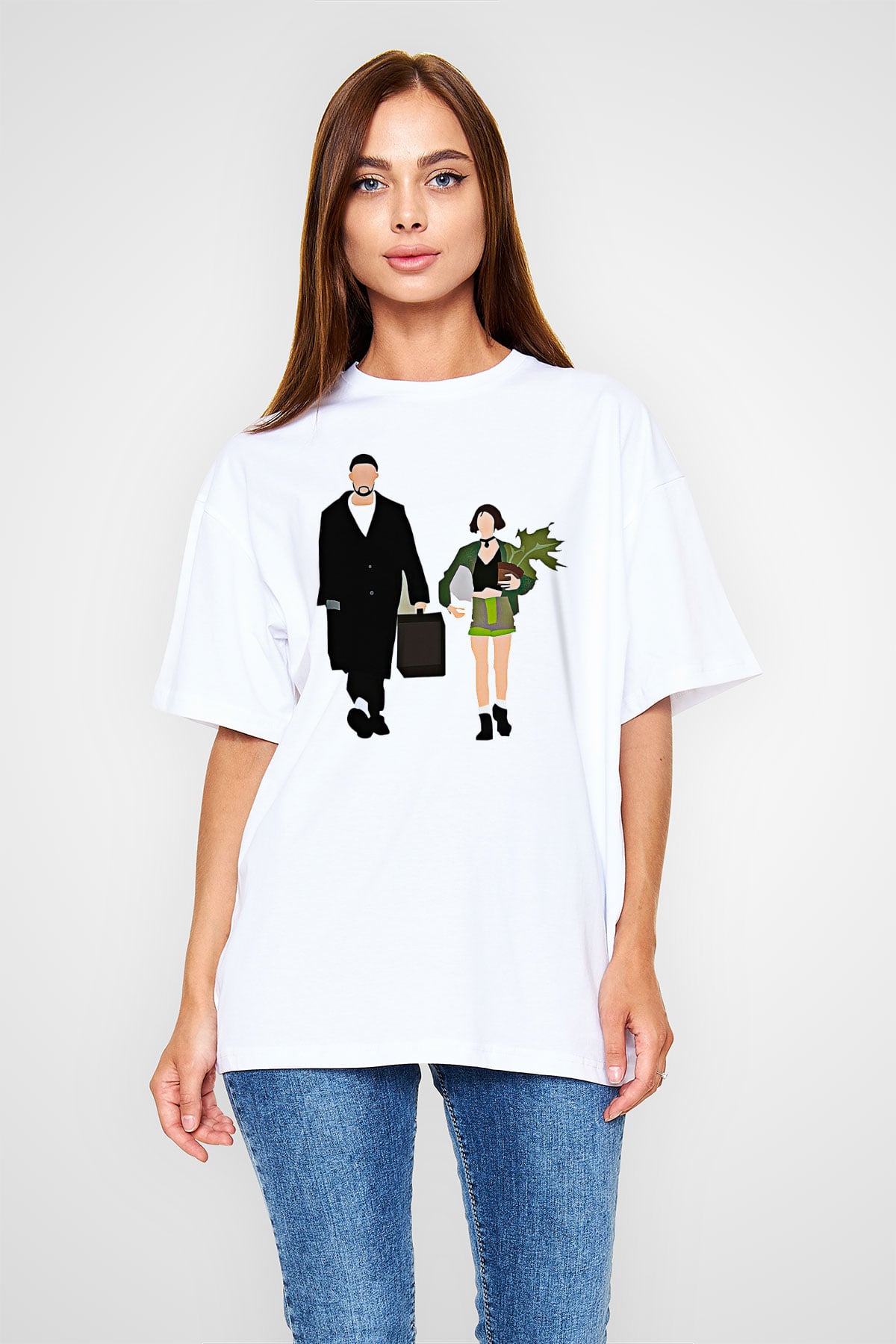 Leon Baskılı Beyaz Unisex Oversize Tişört - Tshirt