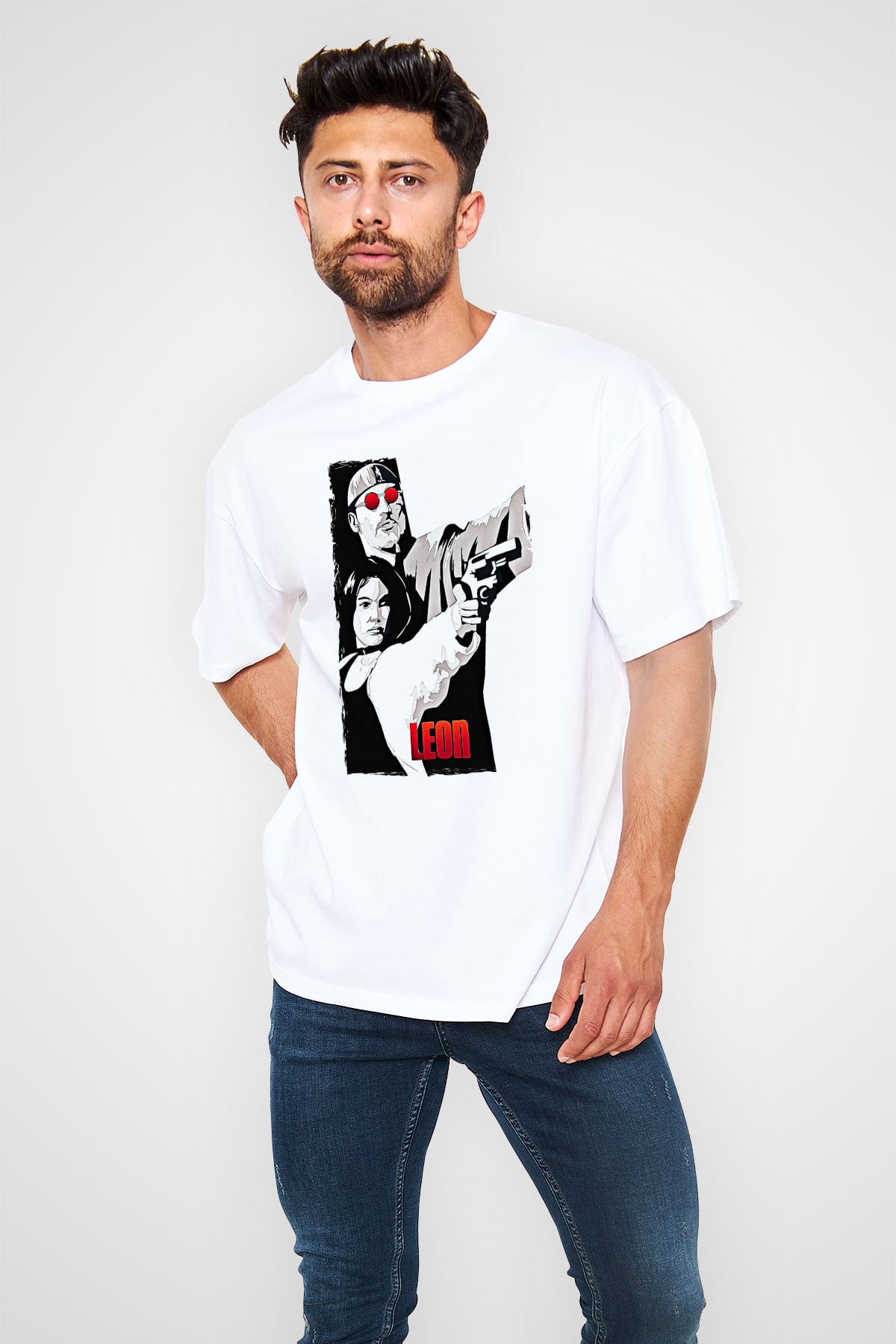 Leon Baskılı Beyaz Unisex Oversize Tişört - Tshirt