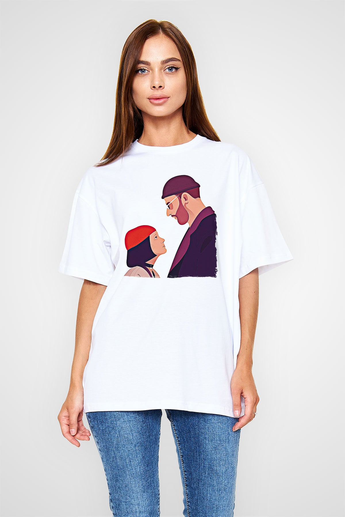 Leon Baskılı Beyaz Unisex Oversize Tişört - Tshirt
