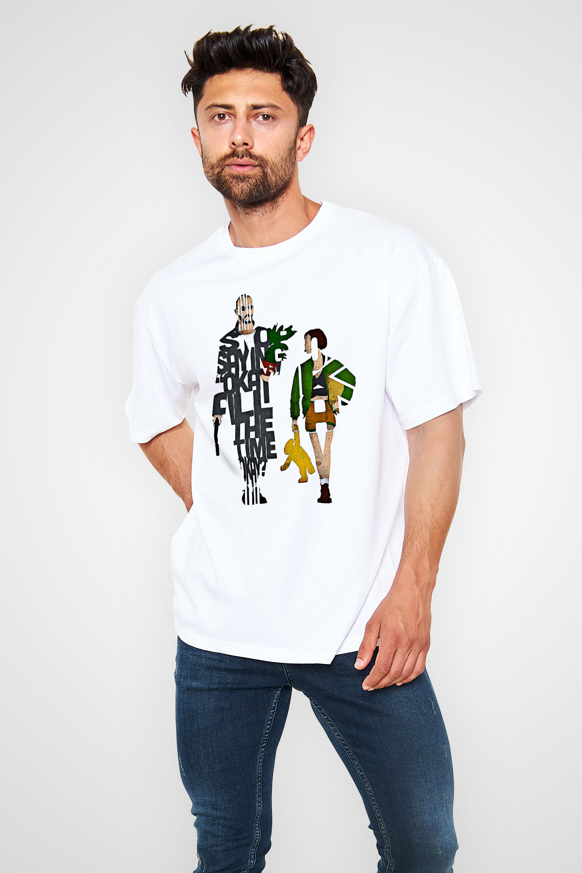 Leon Baskılı Beyaz Unisex Oversize Tişört - Tshirt