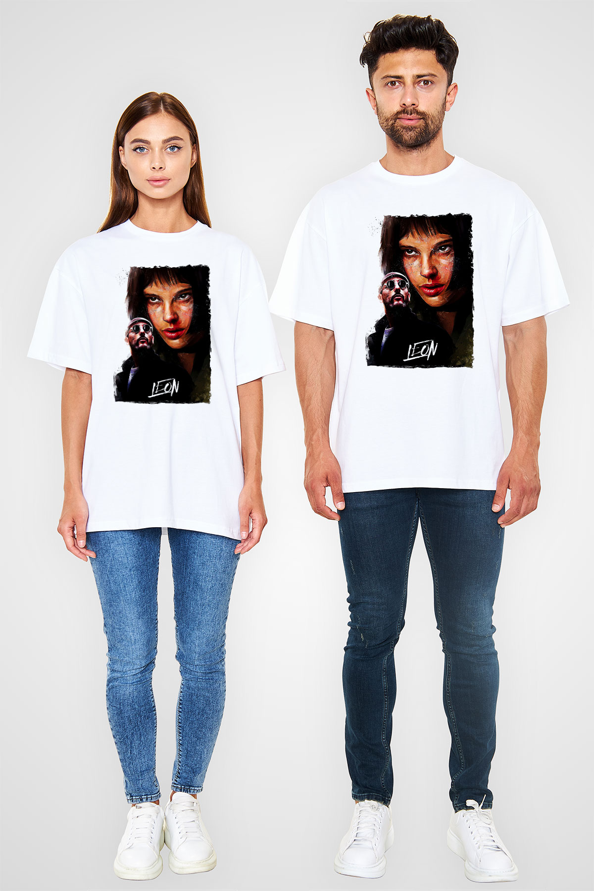 Leon Baskılı Beyaz Unisex Oversize Tişört - Tshirt