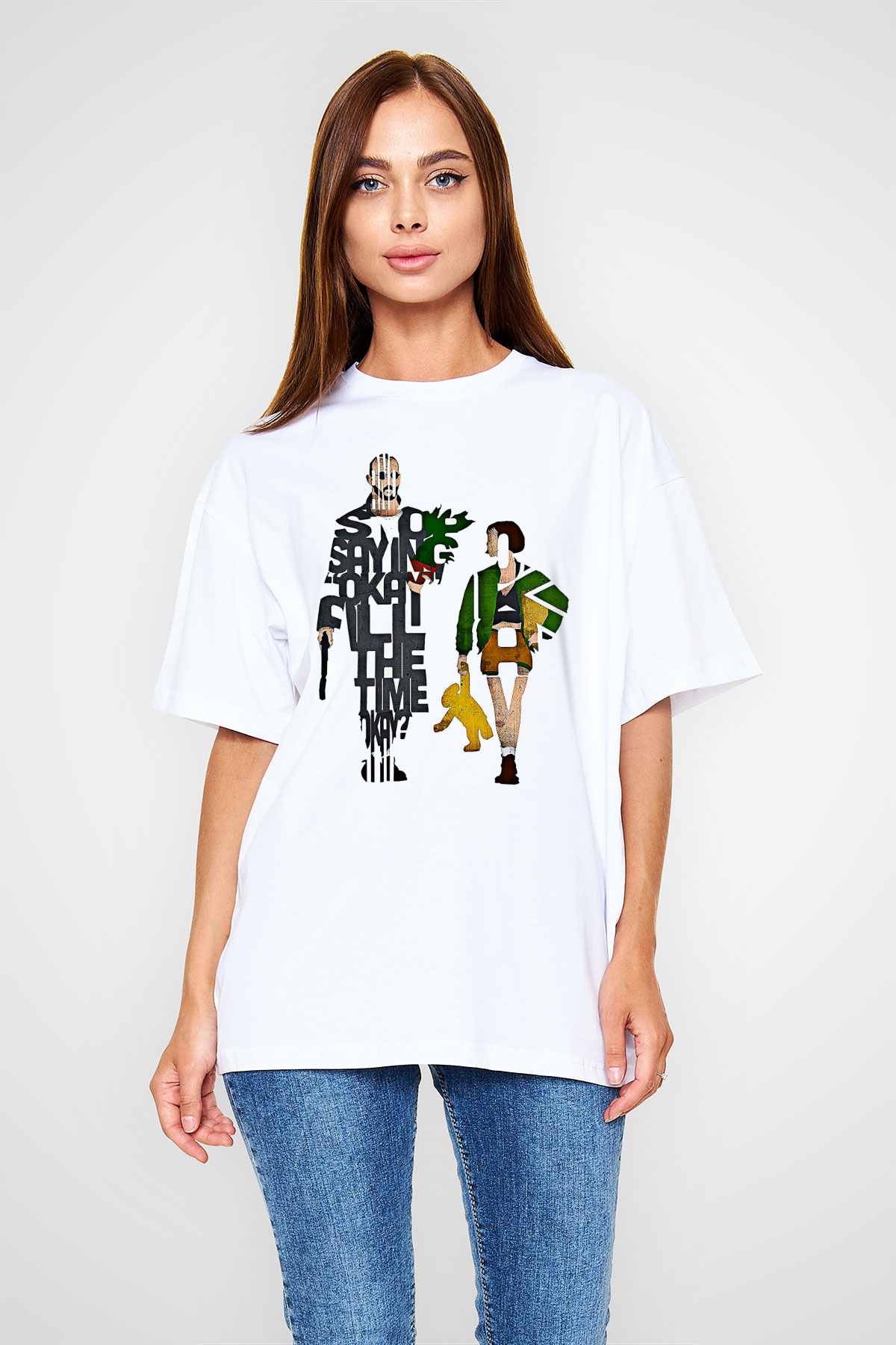 Leon Baskılı Beyaz Unisex Oversize Tişört - Tshirt