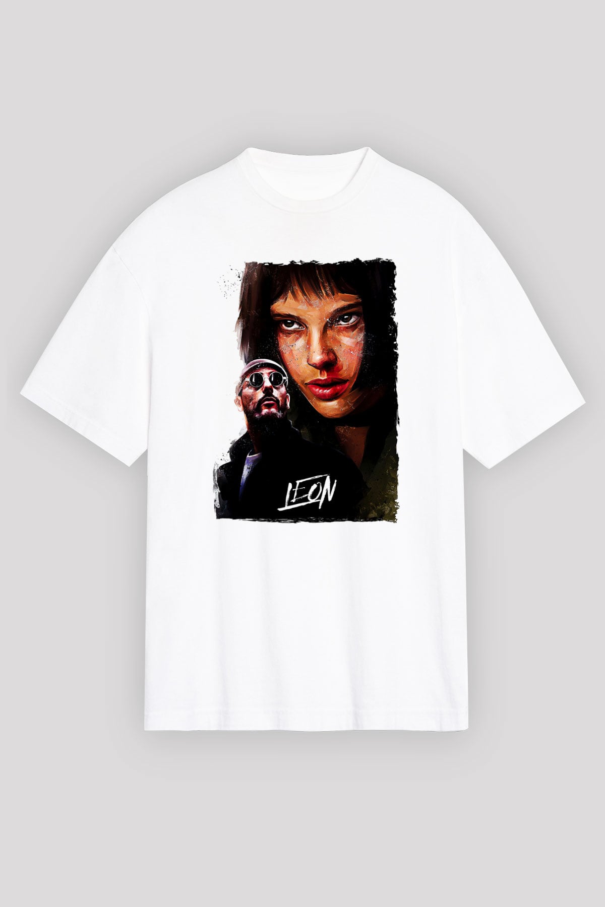 Leon Baskılı Beyaz Unisex Oversize Tişört - Tshirt
