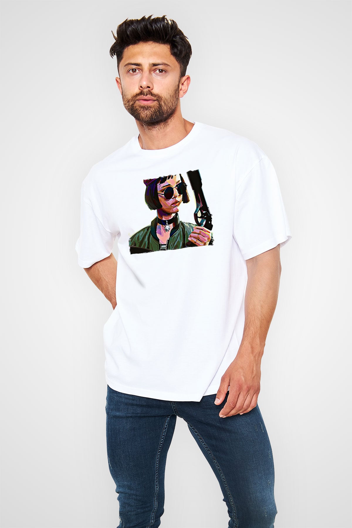 Leon Baskılı Beyaz Unisex Oversize Tişört - Tshirt