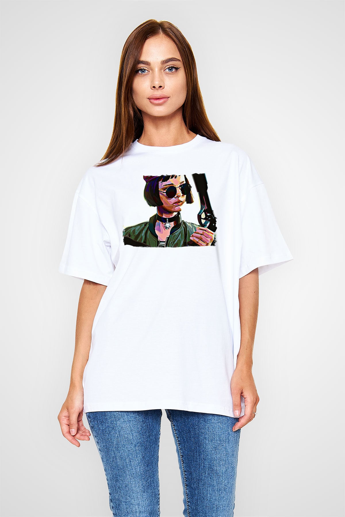 Leon Baskılı Beyaz Unisex Oversize Tişört - Tshirt