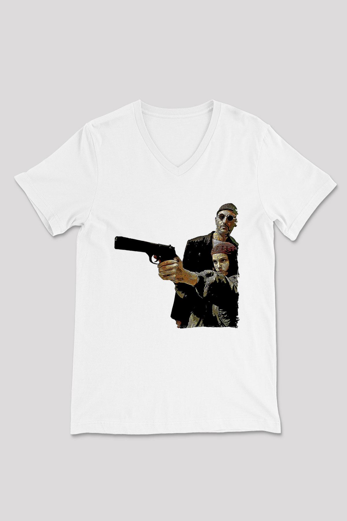 Leon Baskılı Beyaz Unisex V Yaka Tişört - Tshirt