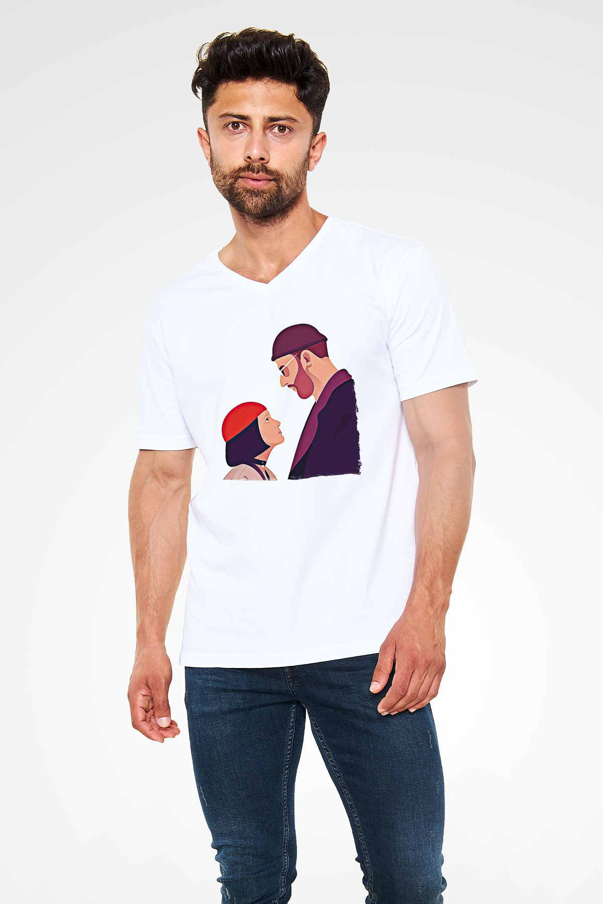 Leon Baskılı Beyaz Unisex V Yaka Tişört - Tshirt
