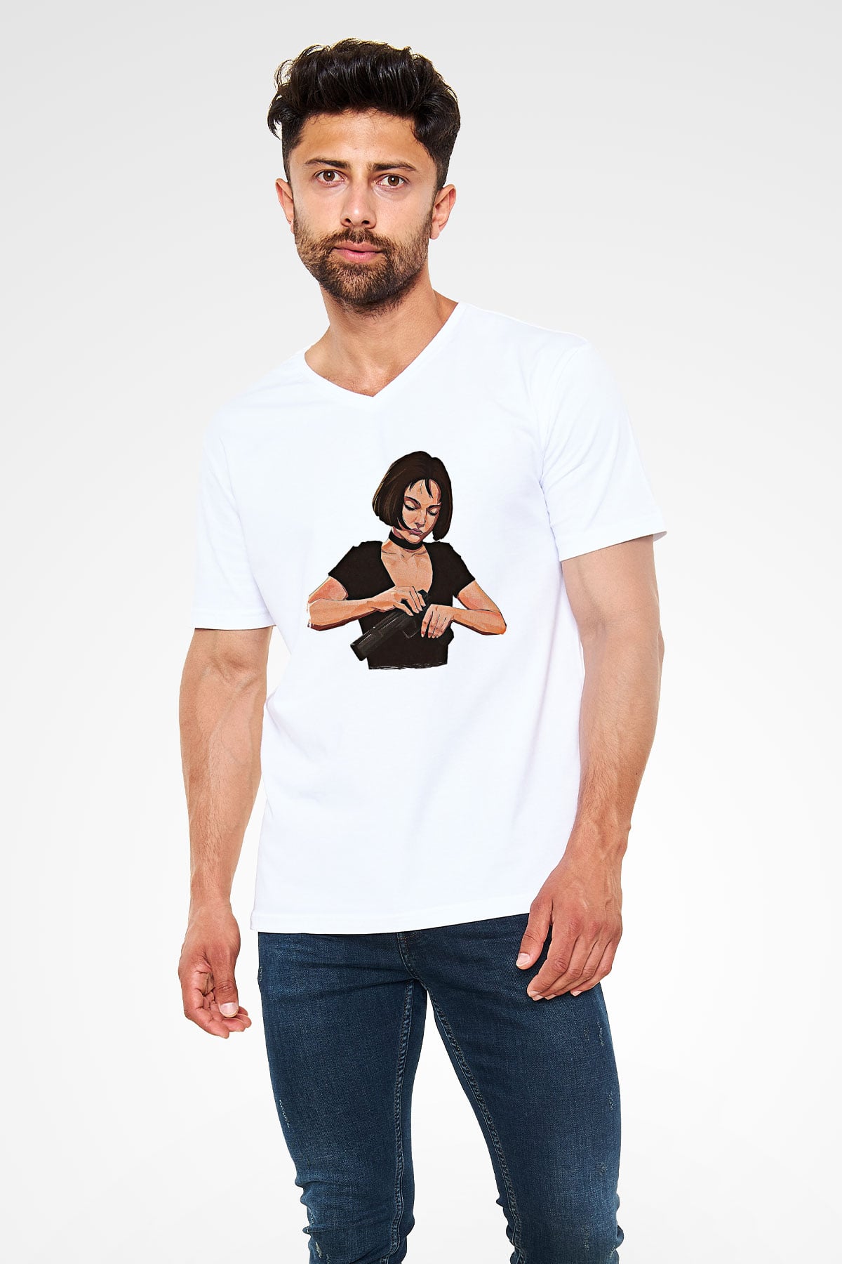 Leon Baskılı Beyaz Unisex V Yaka Tişört - Tshirt