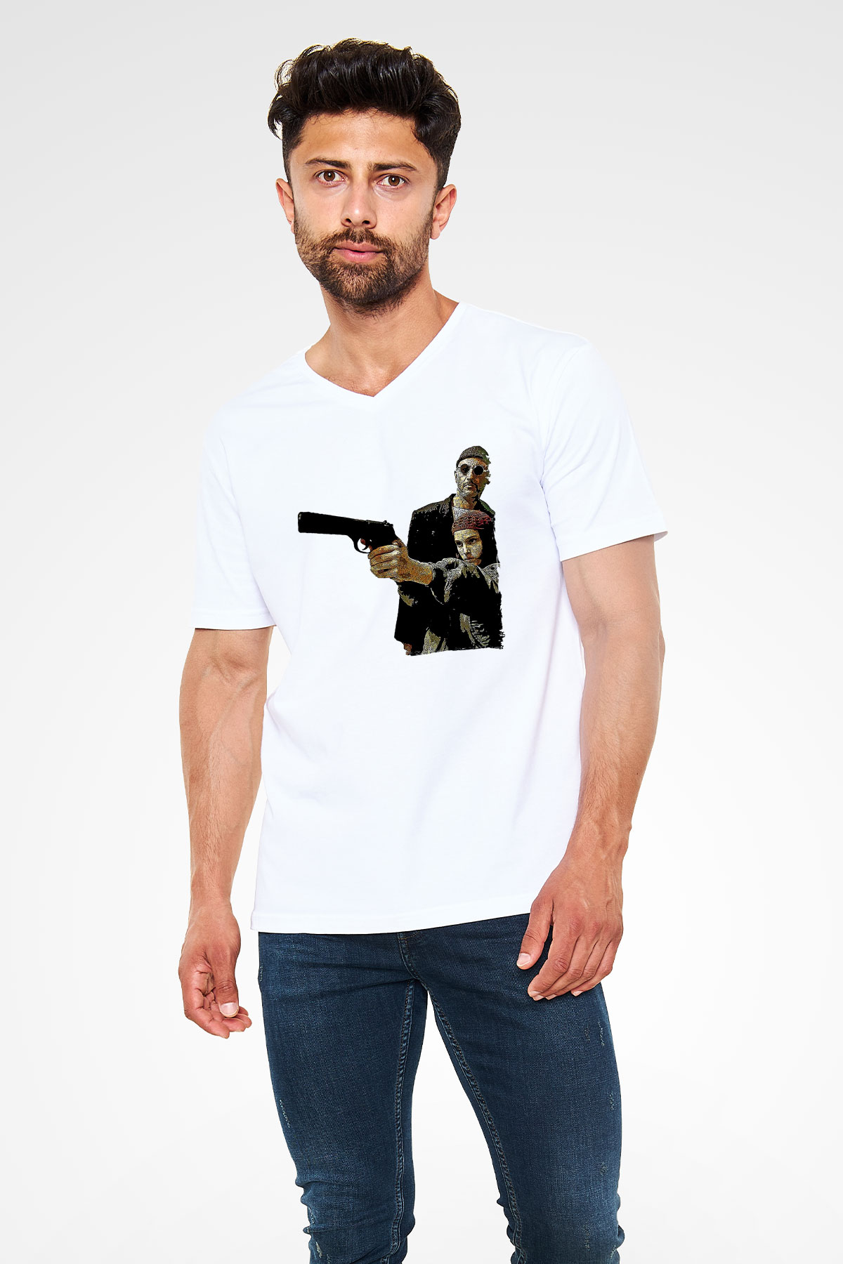 Leon Baskılı Beyaz Unisex V Yaka Tişört - Tshirt