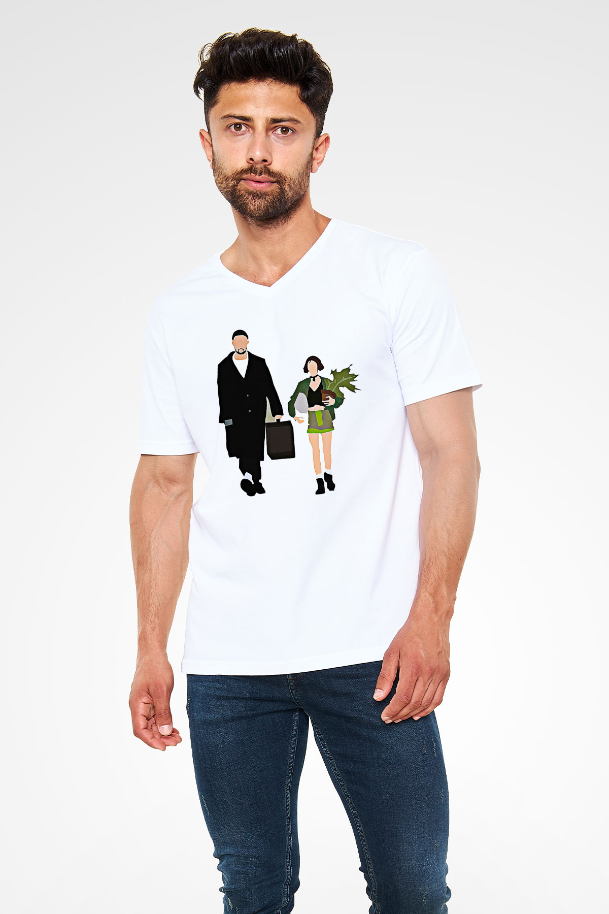 Leon Baskılı Beyaz Unisex V Yaka Tişört - Tshirt