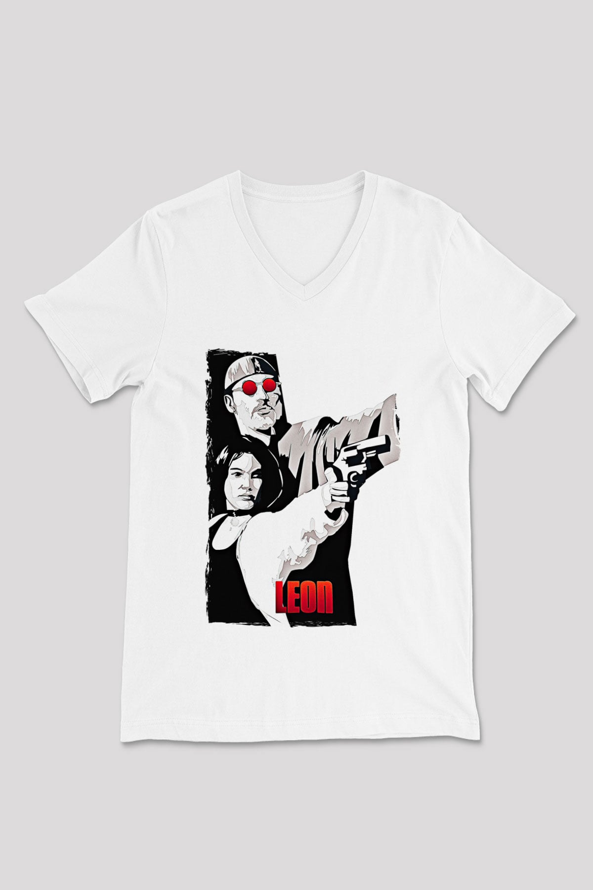 Leon Baskılı Beyaz Unisex V Yaka Tişört - Tshirt