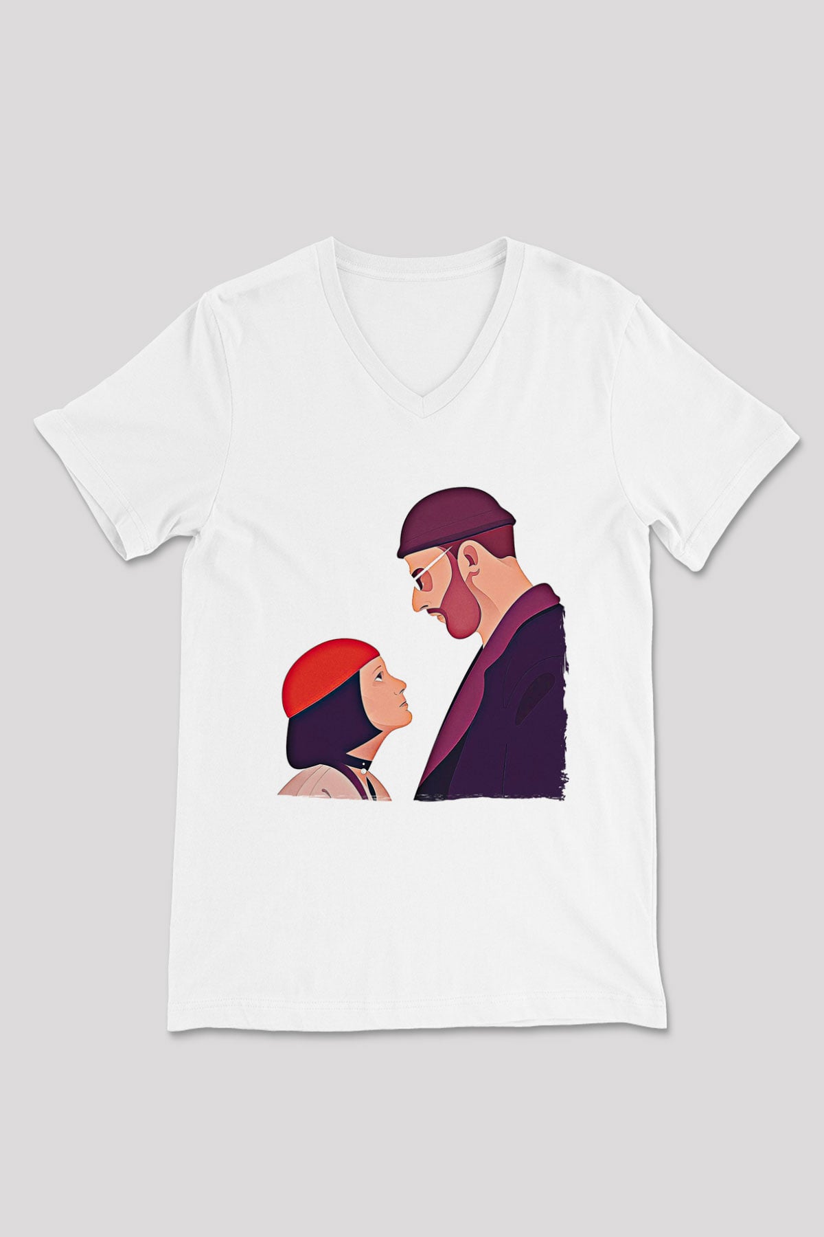 Leon Baskılı Beyaz Unisex V Yaka Tişört - Tshirt