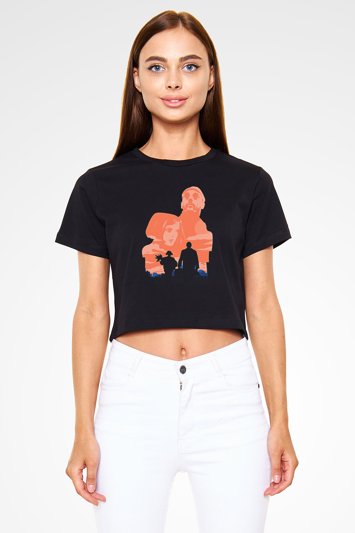 Leon Baskılı Siyah Crop Top Kadın Tişört - Tshirt
