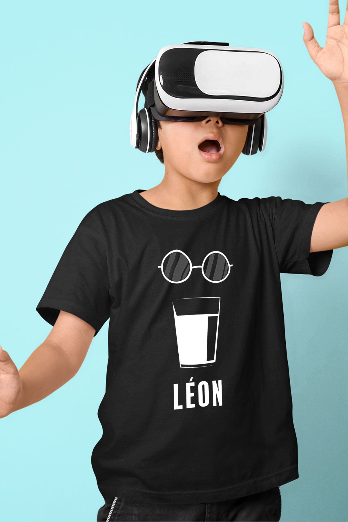 Leon Baskılı Unisex Siyah Çocuk Tişört - Tshirt