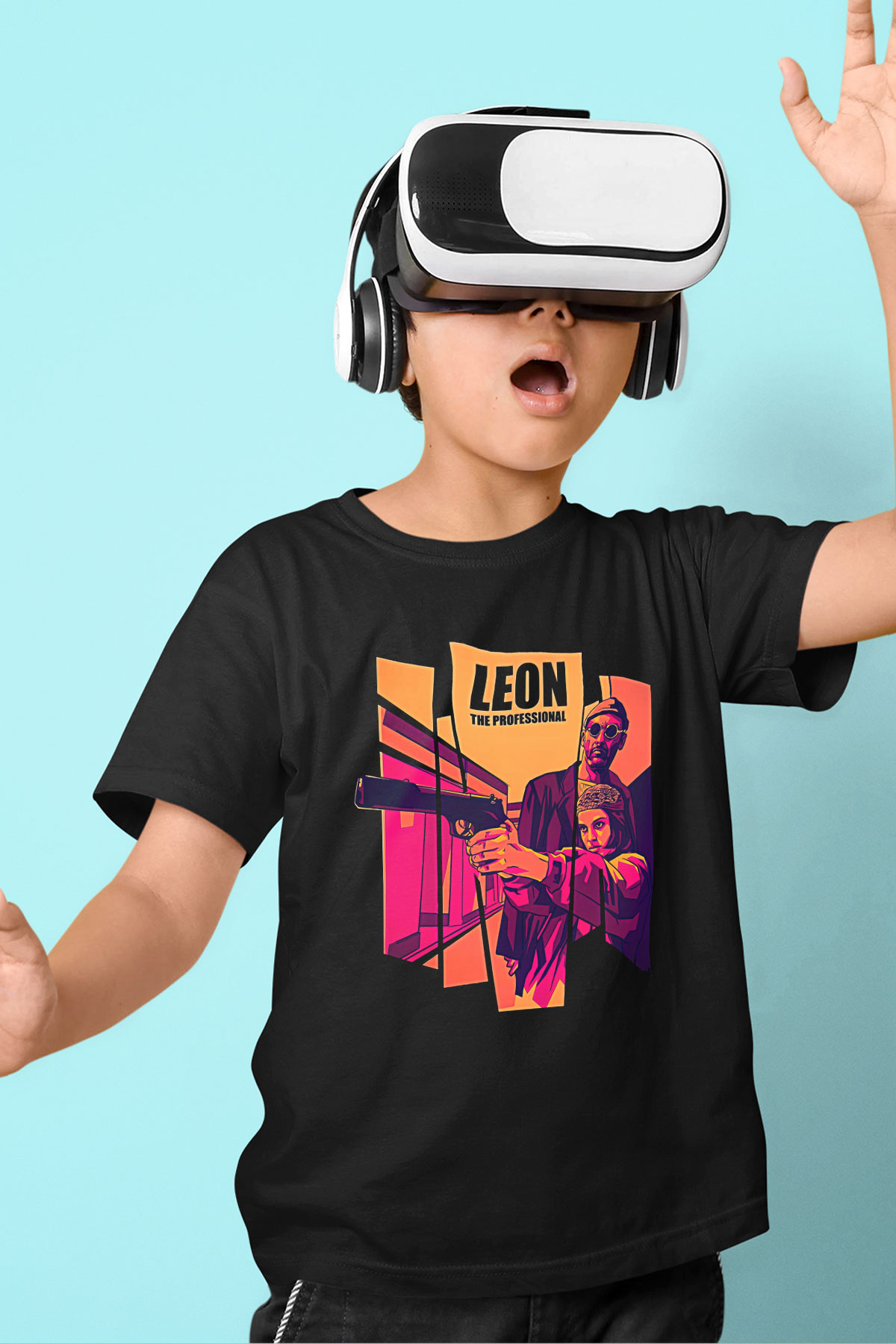 Leon Baskılı Unisex Siyah Çocuk Tişört - Tshirt