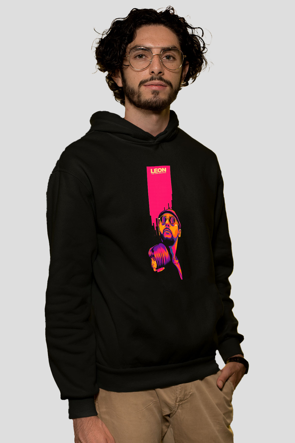 Leon Baskılı Unisex Siyah Hoodie
