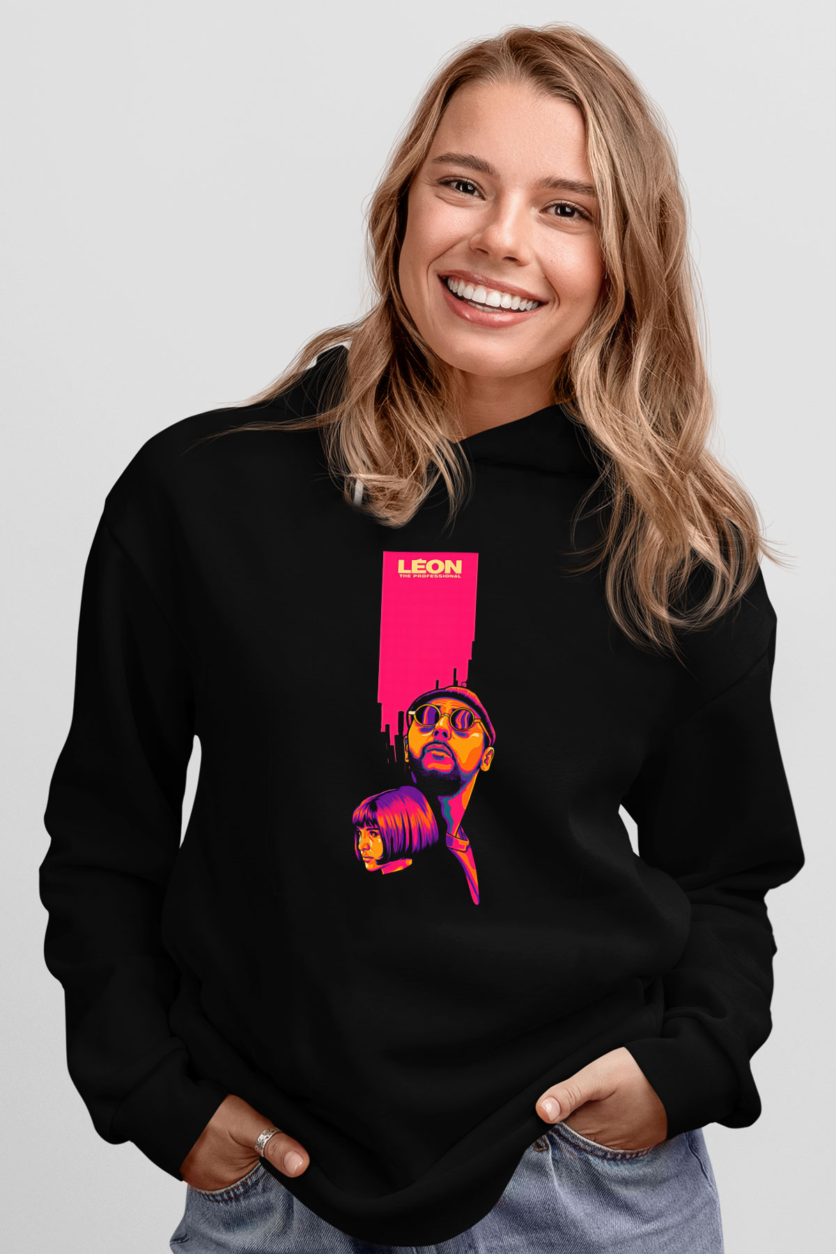 Leon Baskılı Unisex Siyah Hoodie