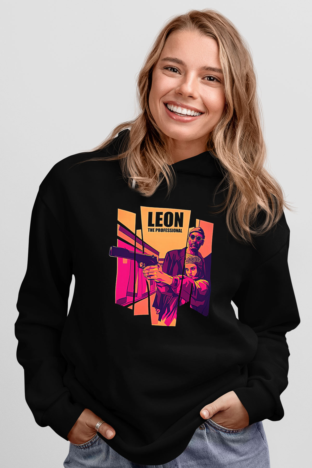Leon Baskılı Unisex Siyah Hoodie