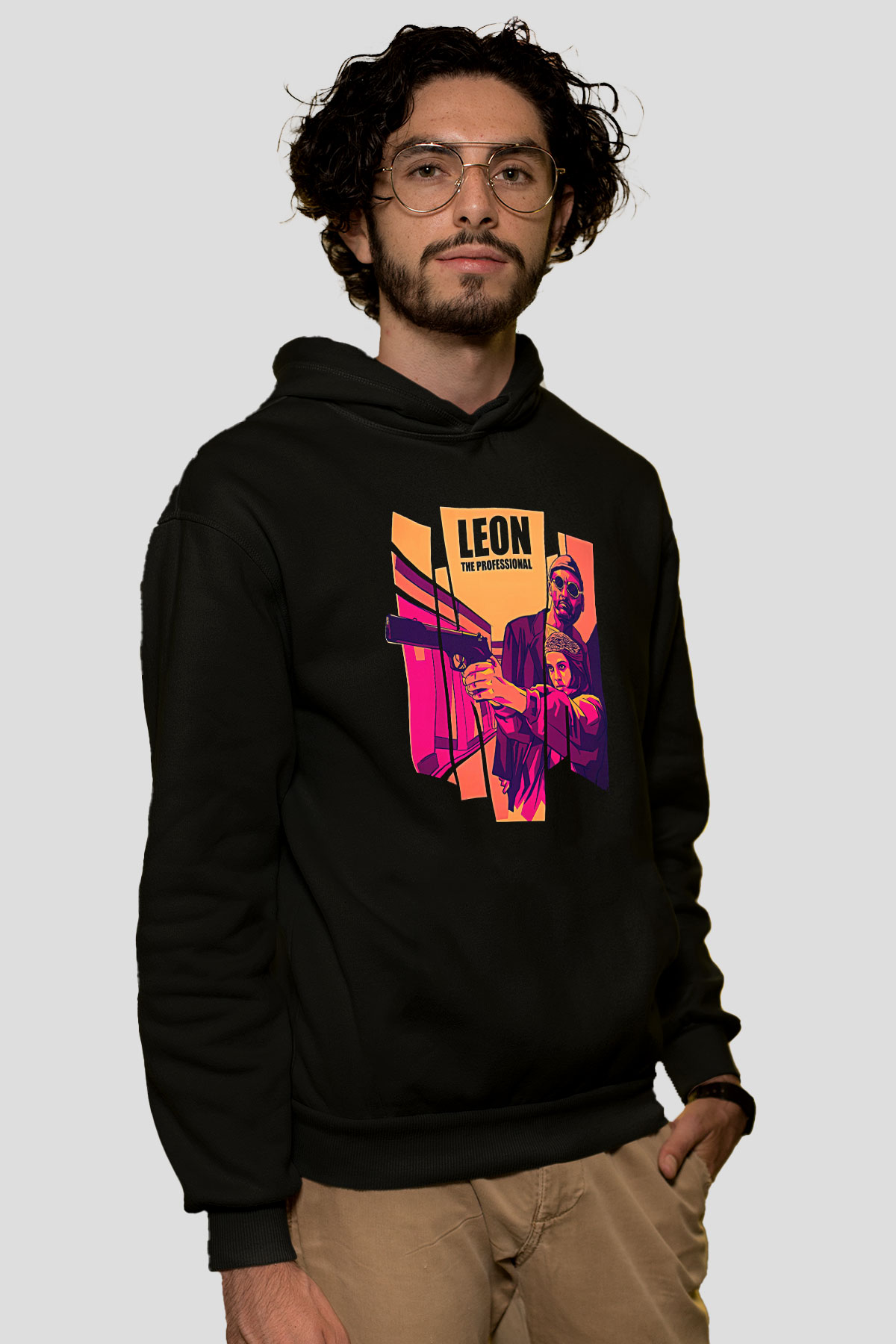 Leon Baskılı Unisex Siyah Hoodie